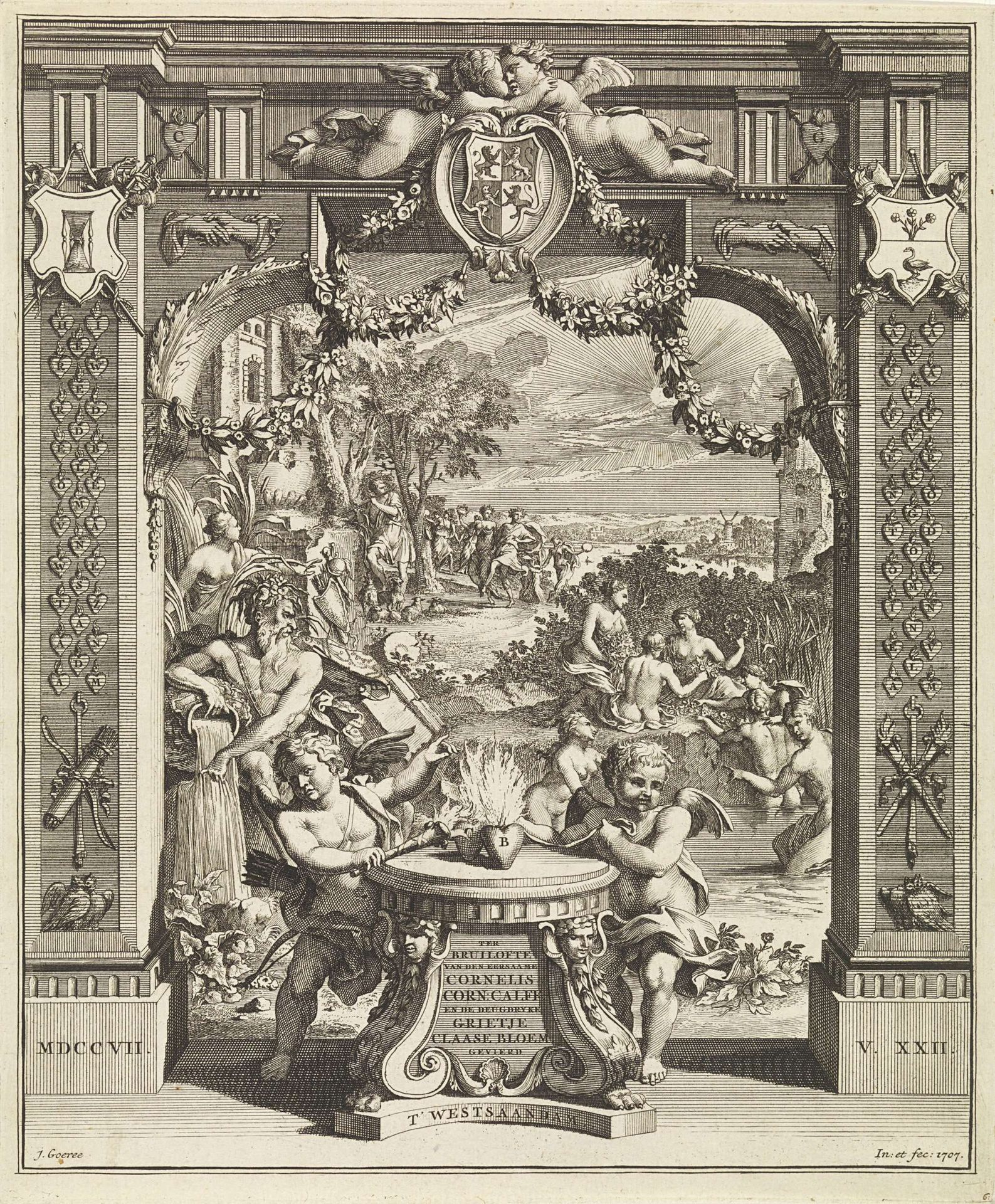 Allegorie op de huwelijksverbintenis tussen Cornelis Calff en Grietje Bloem by Jan Goeree