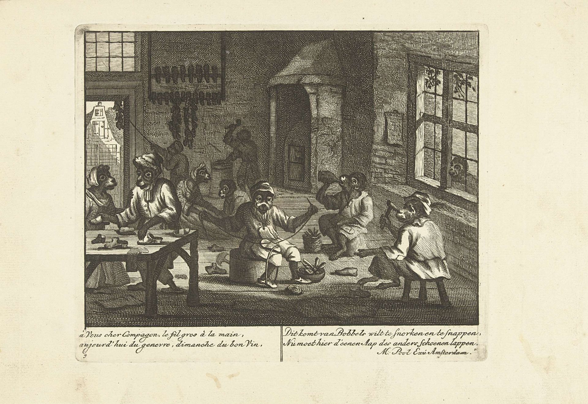 Apen als schoenlappers, ca. 1720 by Matthijs Pool