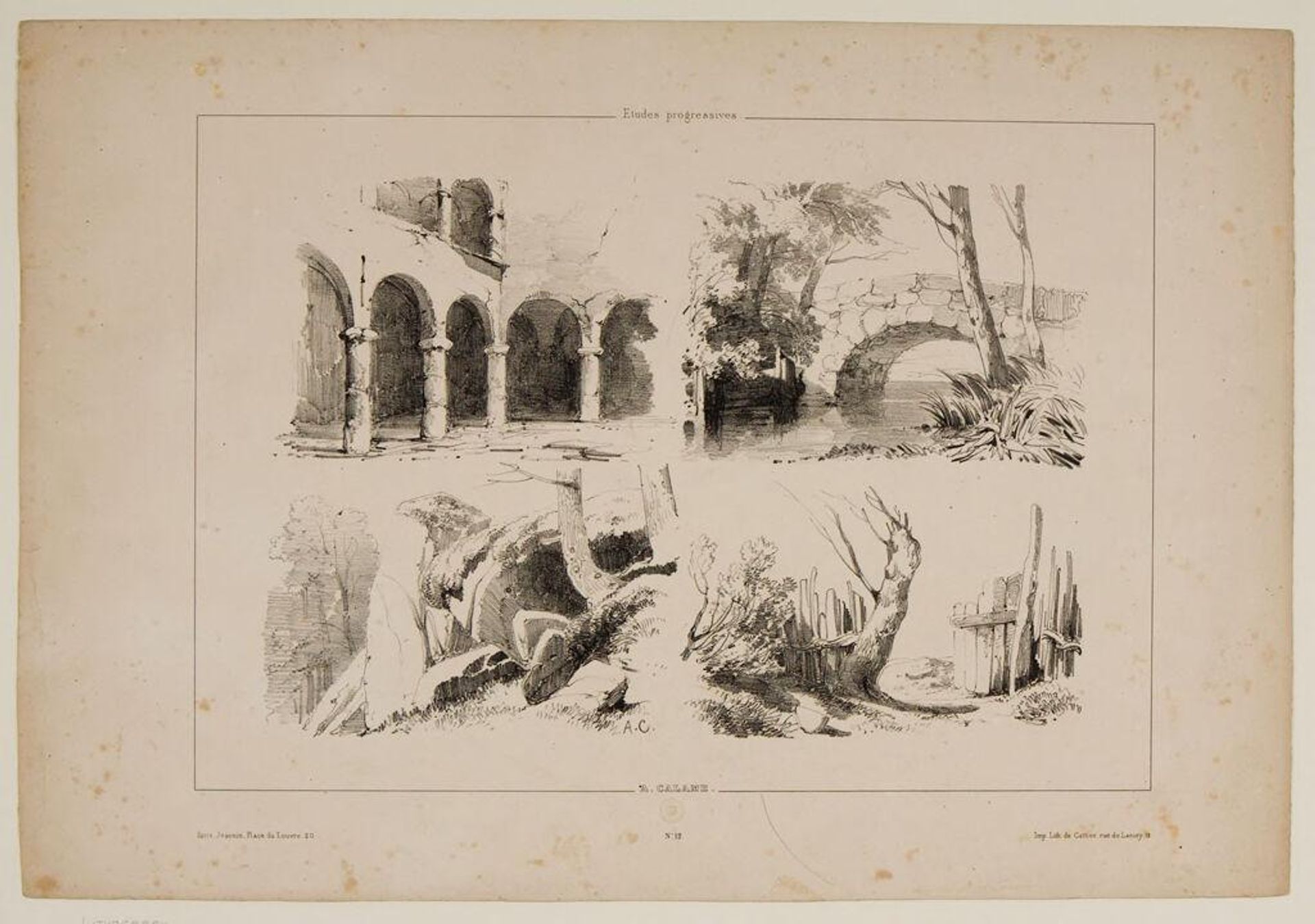 Sketches of an Arcade, a Bridge, Mossy Rocks, and a Fence by Alexandre Calame