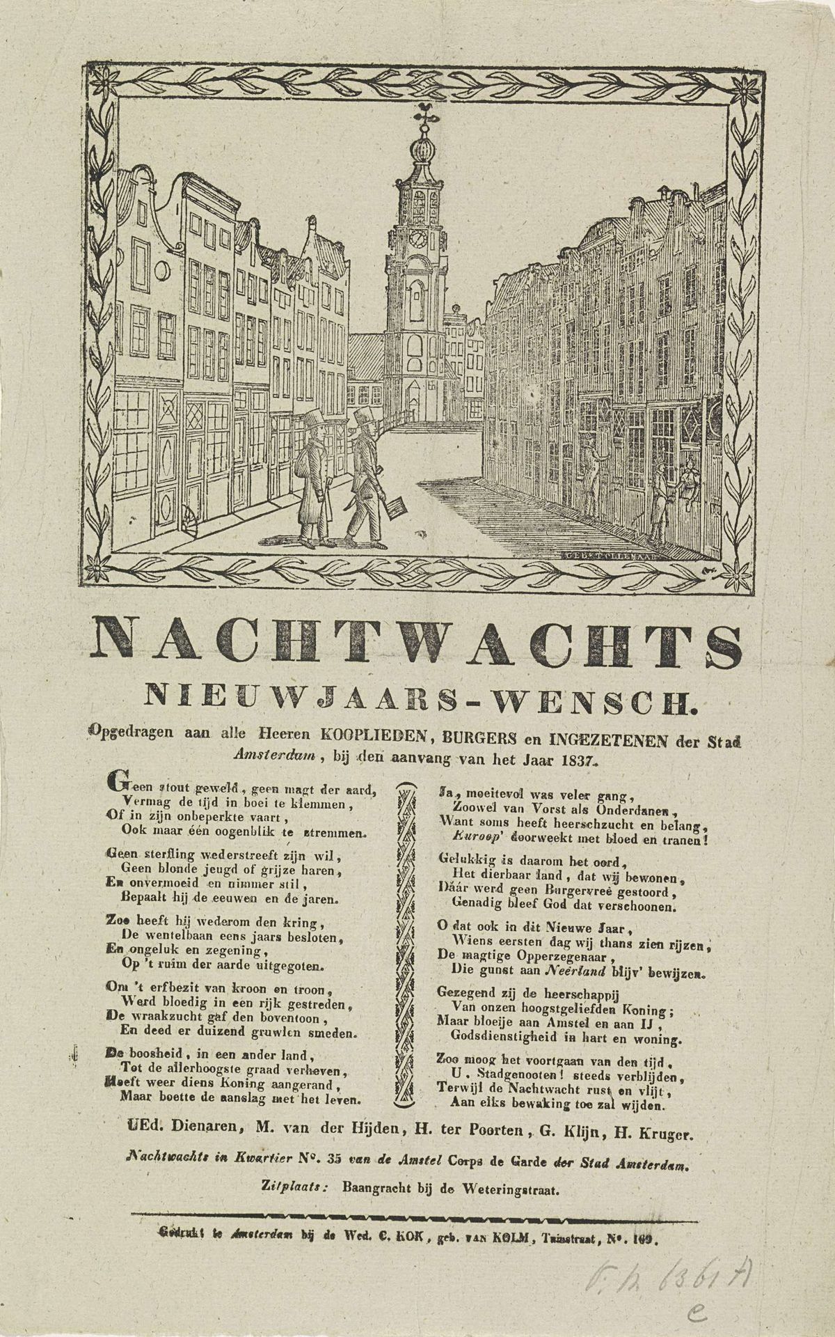 Nieuwjaarswens van de Amsterdamse nachtwacht voor het jaar 1837 by Gebroeders Tollenaar