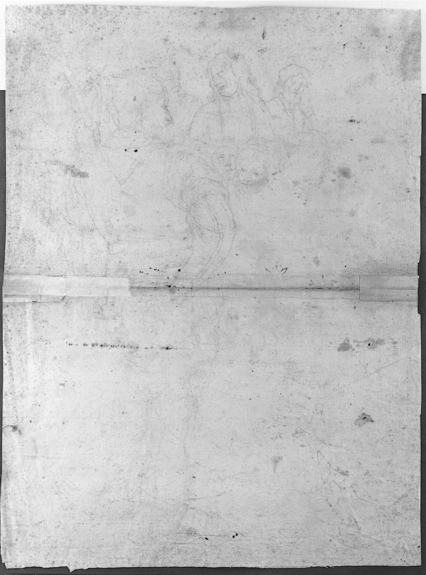 Standing warrior in front of a group of men and women, and a sketch of a child's head and right foot by Anonymous