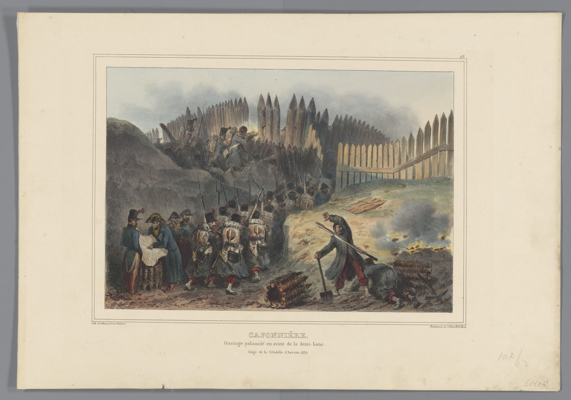Groep soldaten trekt door een opening in de palissade, 1832 by Auguste Raffet