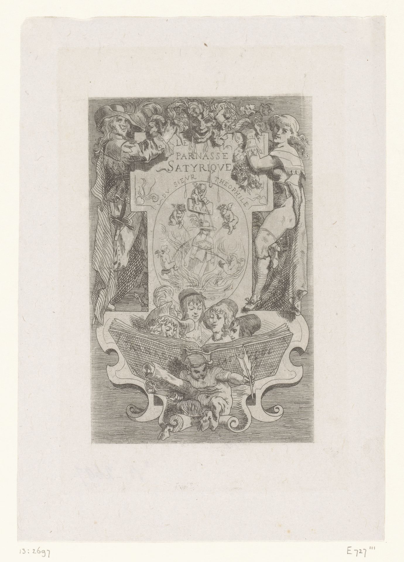 Man op een brandstapel waarop vier putti urineren by Felicien Rops