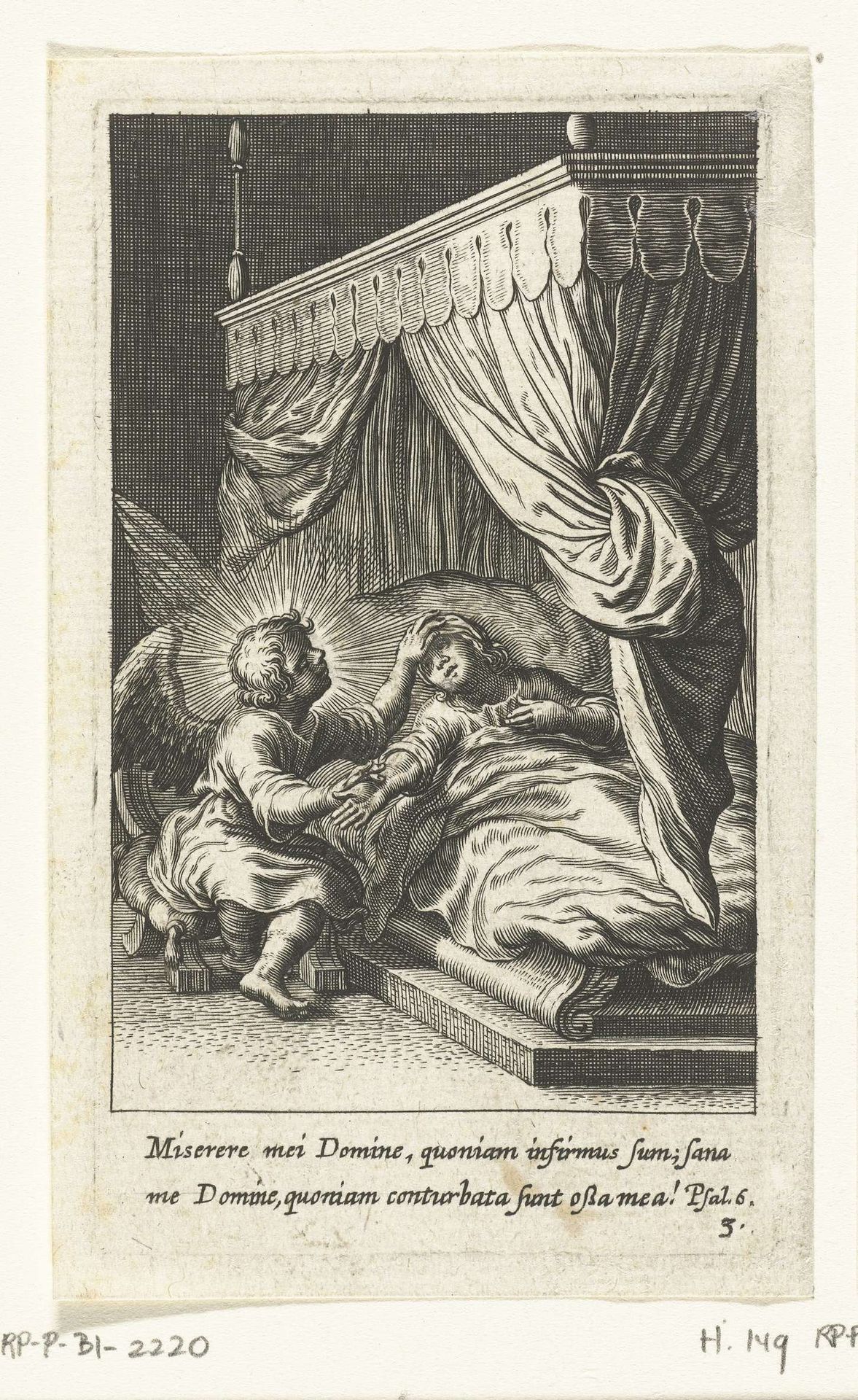 Ziek kind ligt in bed en wordt verzorgd door engel by Boëtius Adamsz. Bolswert