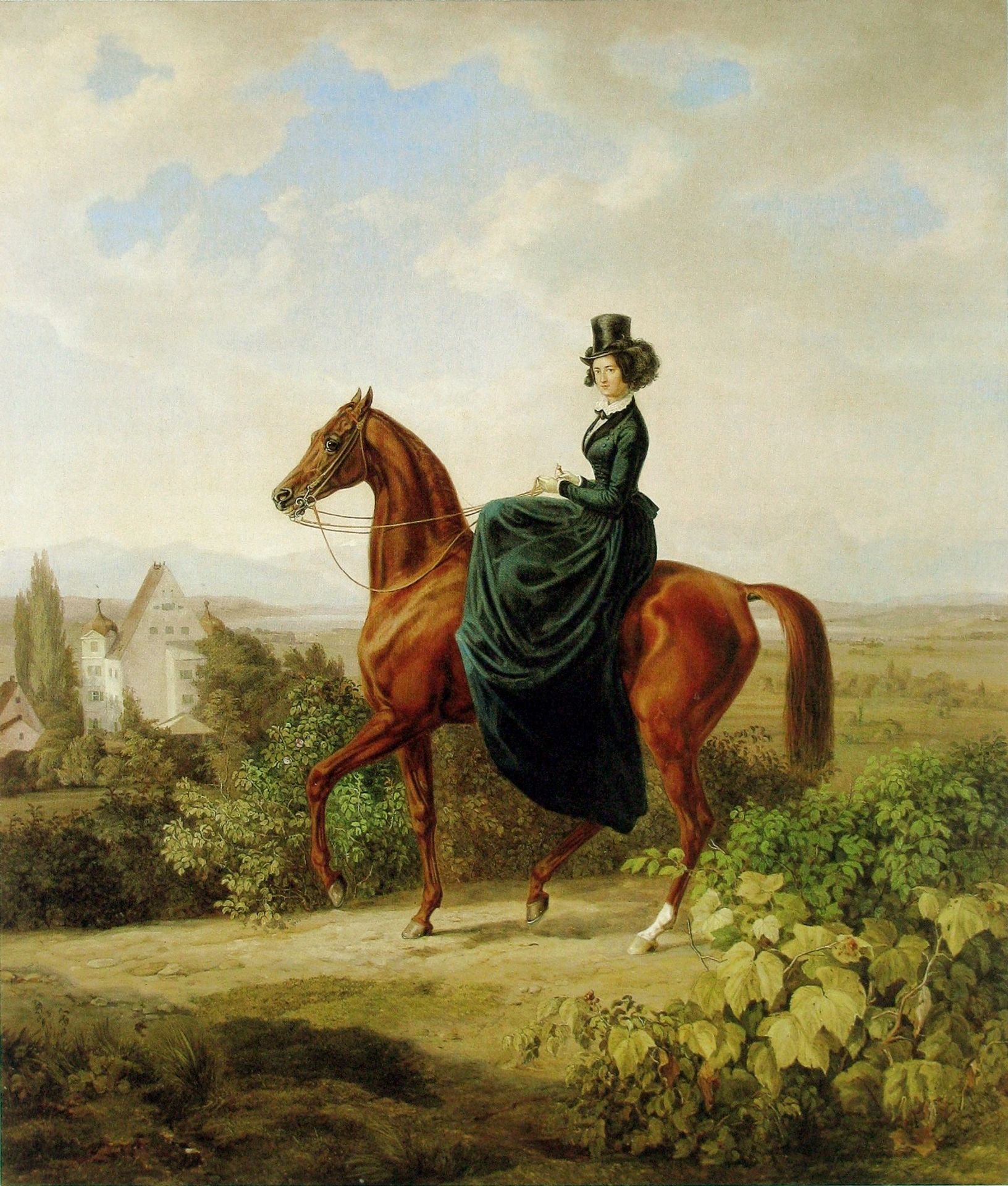 Countess Caroline von Waldbott-Bassenheim, b. Oettingen-Wallerstein on horseback on a hill near Leutstetten; in the background Leutstetten Castle by Albrecht Adam