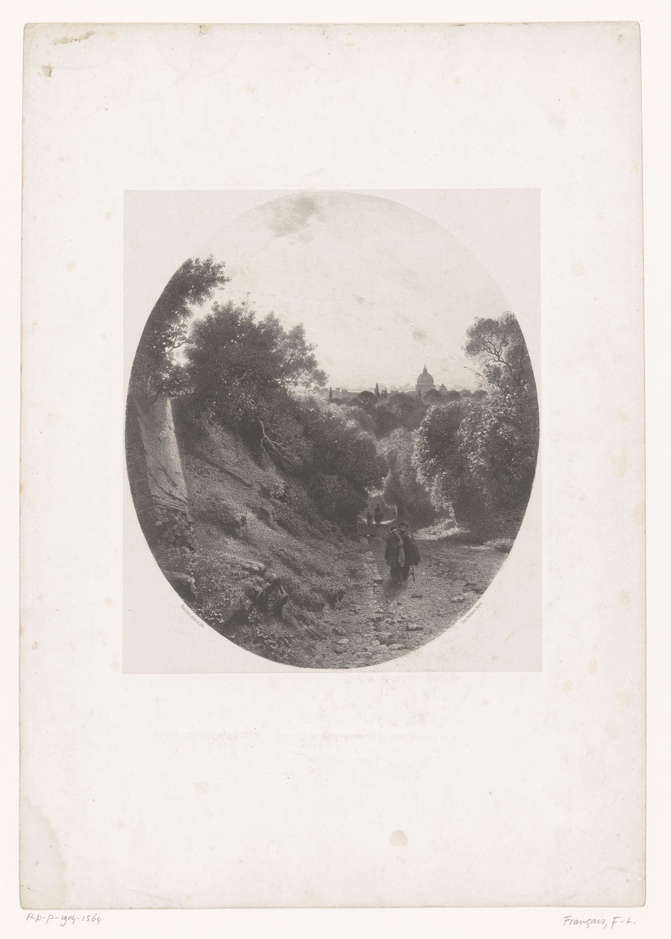 Stadsgezicht met pad en reizigers by François-Louis Français