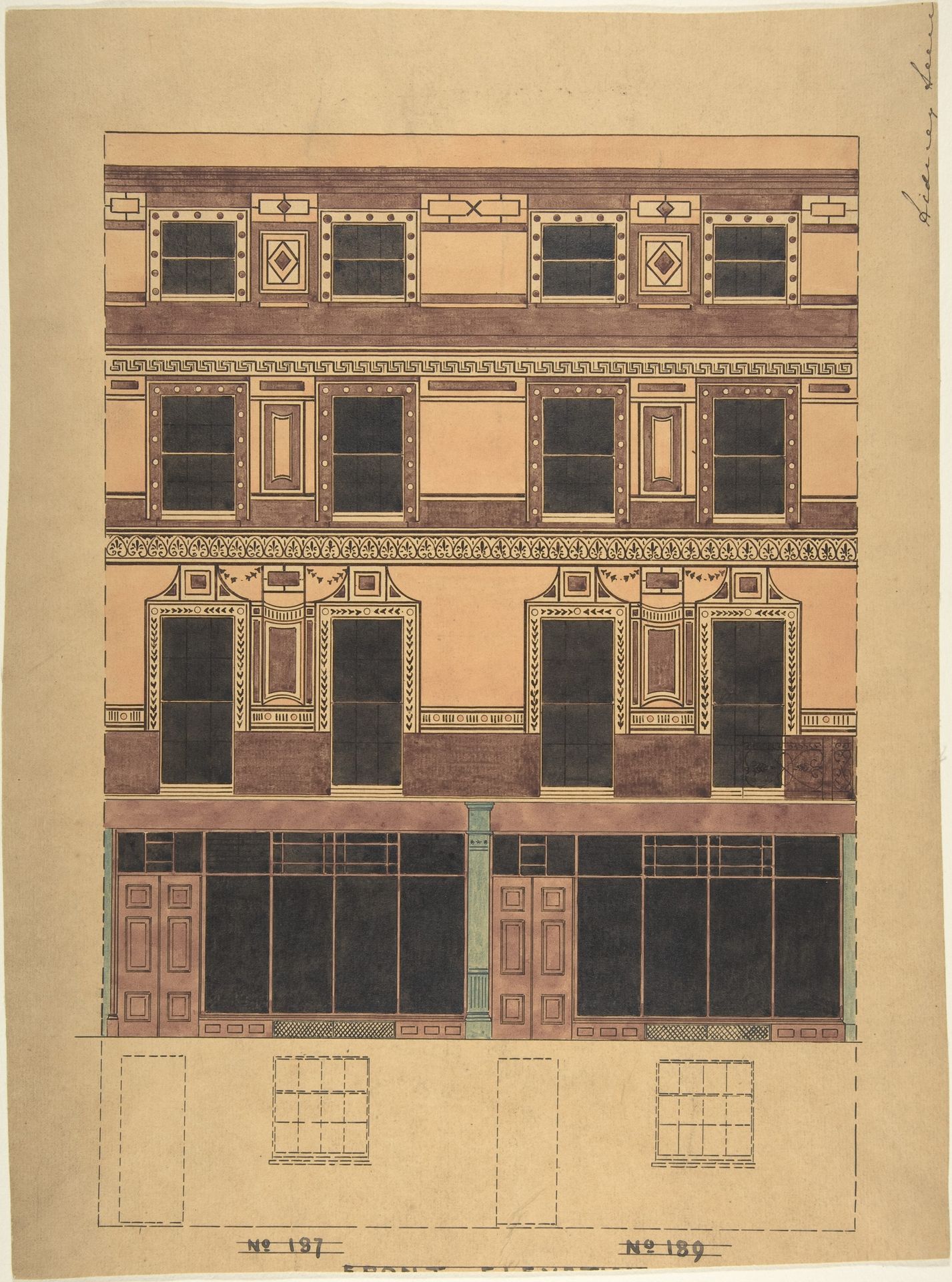 Vertical Section of a Four-Story House with Greek Wall Ornament by Anonymous