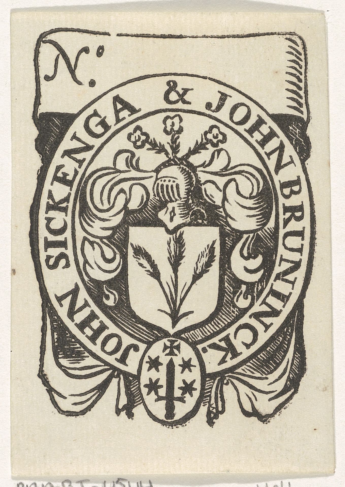Handelsetiket van John Sickenga & John Bruninck by Isaac Vincentsz. van der Vinne