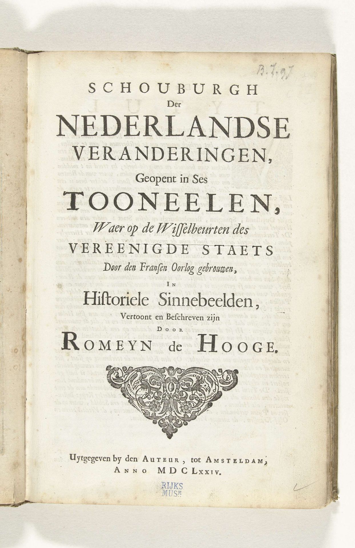 Titelpagina voor de Schouburgh der Nederlandse veranderingen, geopent in ses tooneelen, 1674 by Romeyn de Hooghe