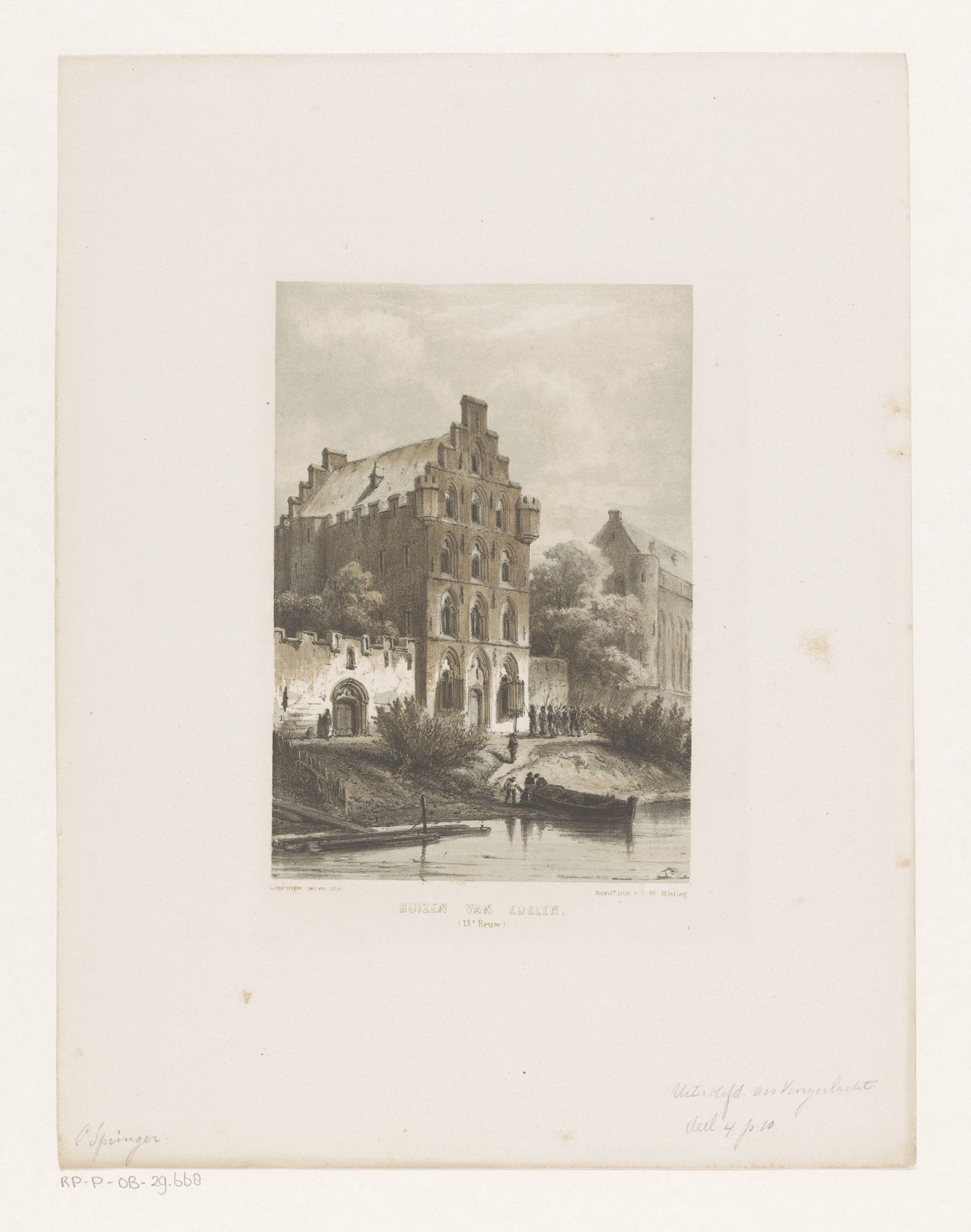 Huizen langs het water by Cornelis Springer