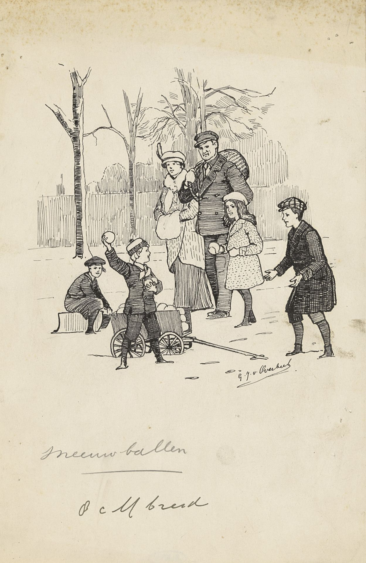 Kinderen spelen met sneeuwballen by Gijsbertus Johannes van Overbeek