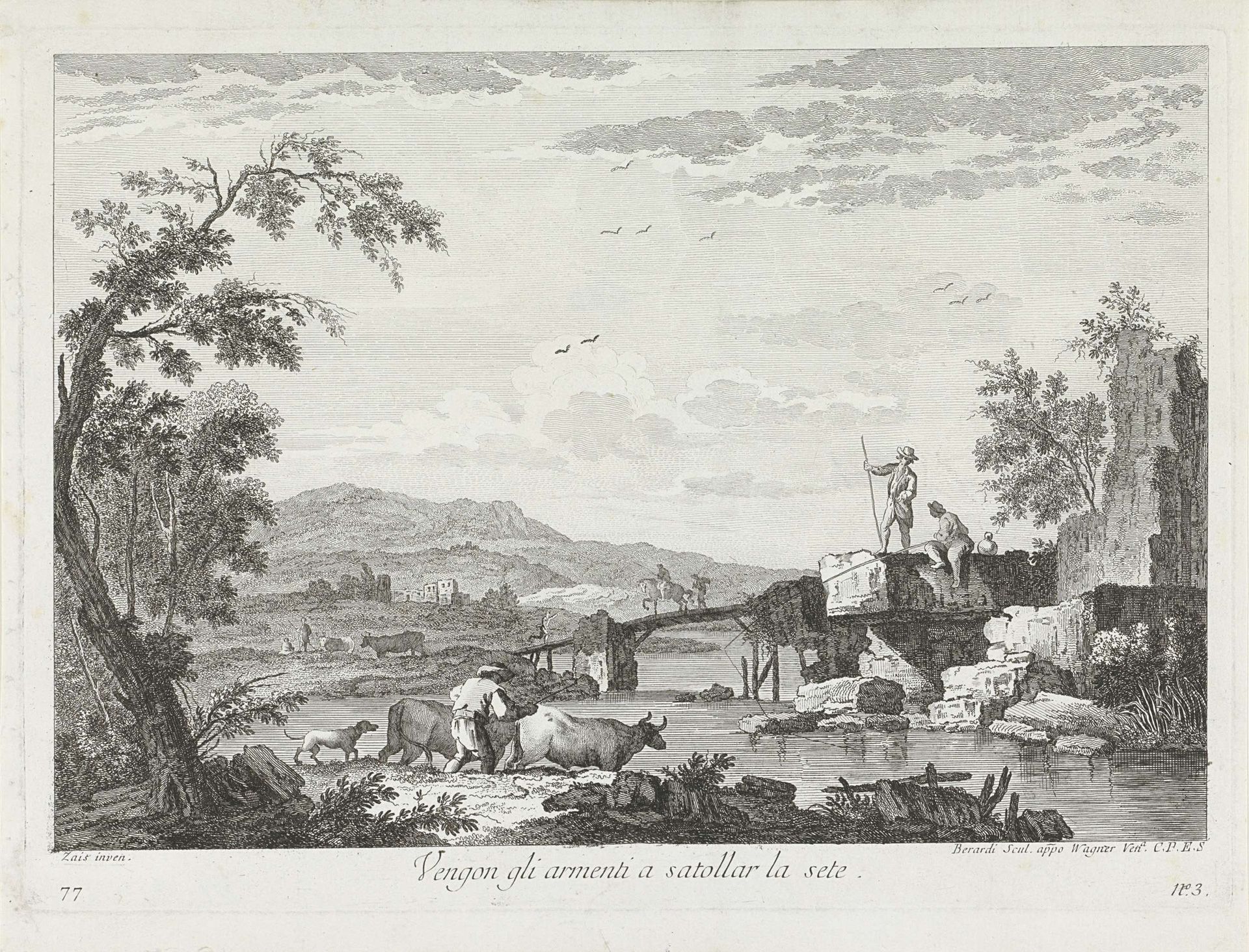 Landschap met vissers en herder met kudde bij rivier by Fabio Berardi