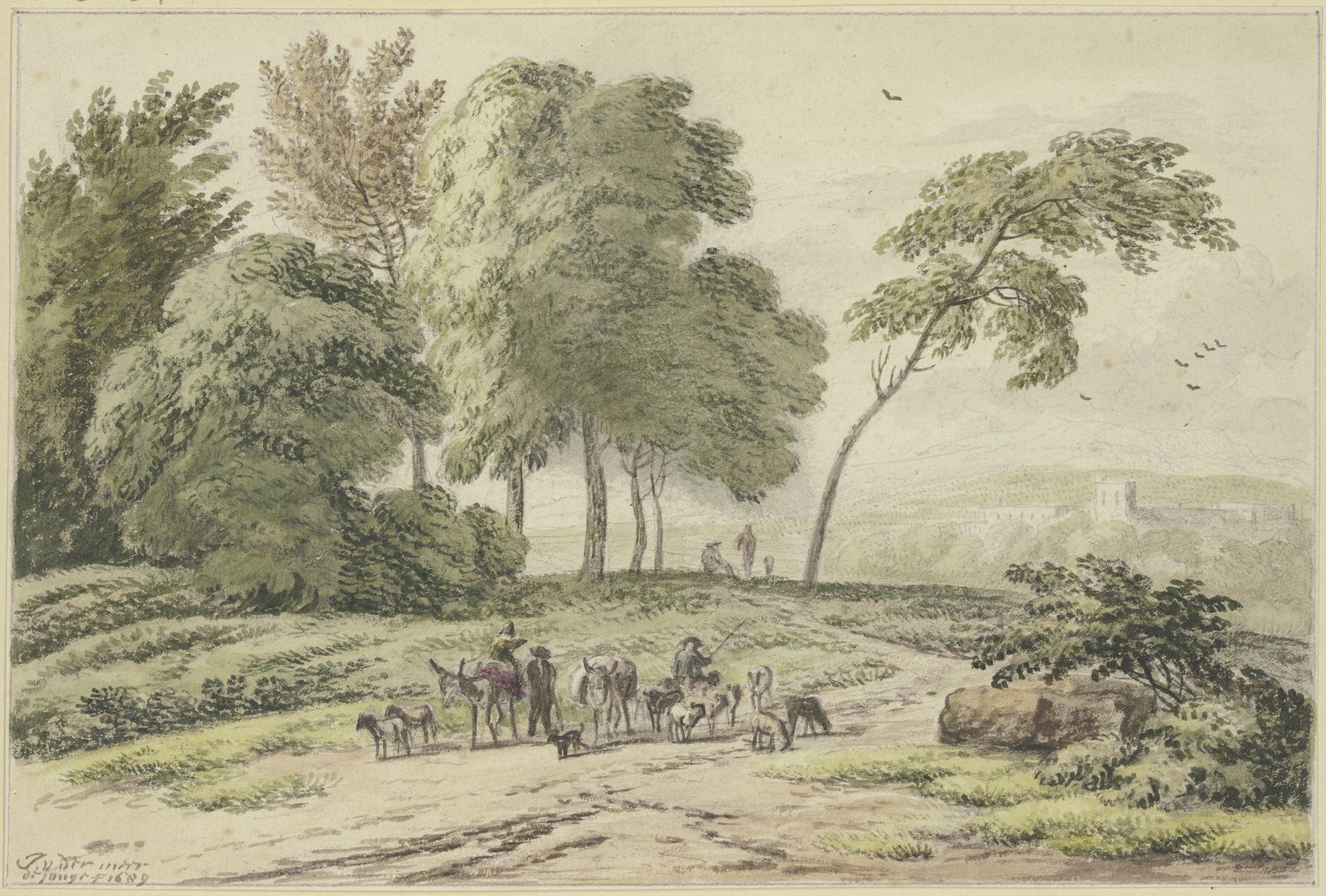 An einer Baumgruppe zwei Eselstreiber von hinten by Jan Vermeer van Haarlem d. Ä.