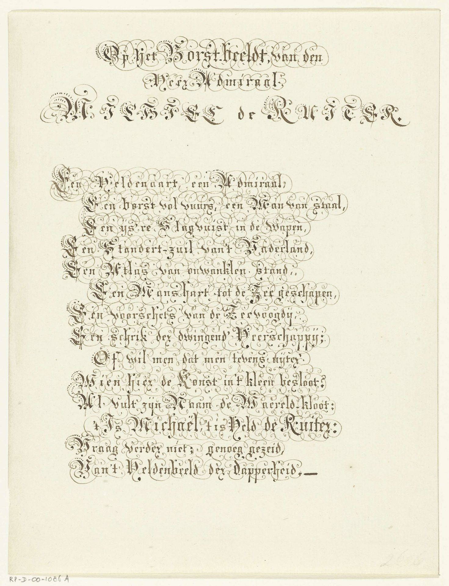 Gekalligrafeerd vers op het borstbeeld van Michiel de Ruyter by Anonymous