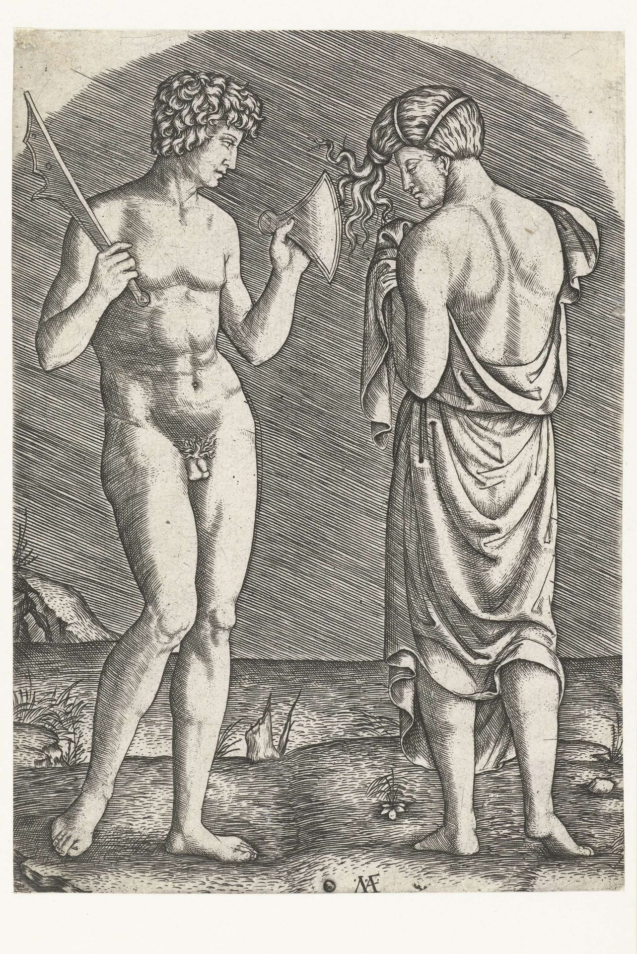Naakte man toont bijl aan halfnaakte vrouw by Marcantonio Raimondi