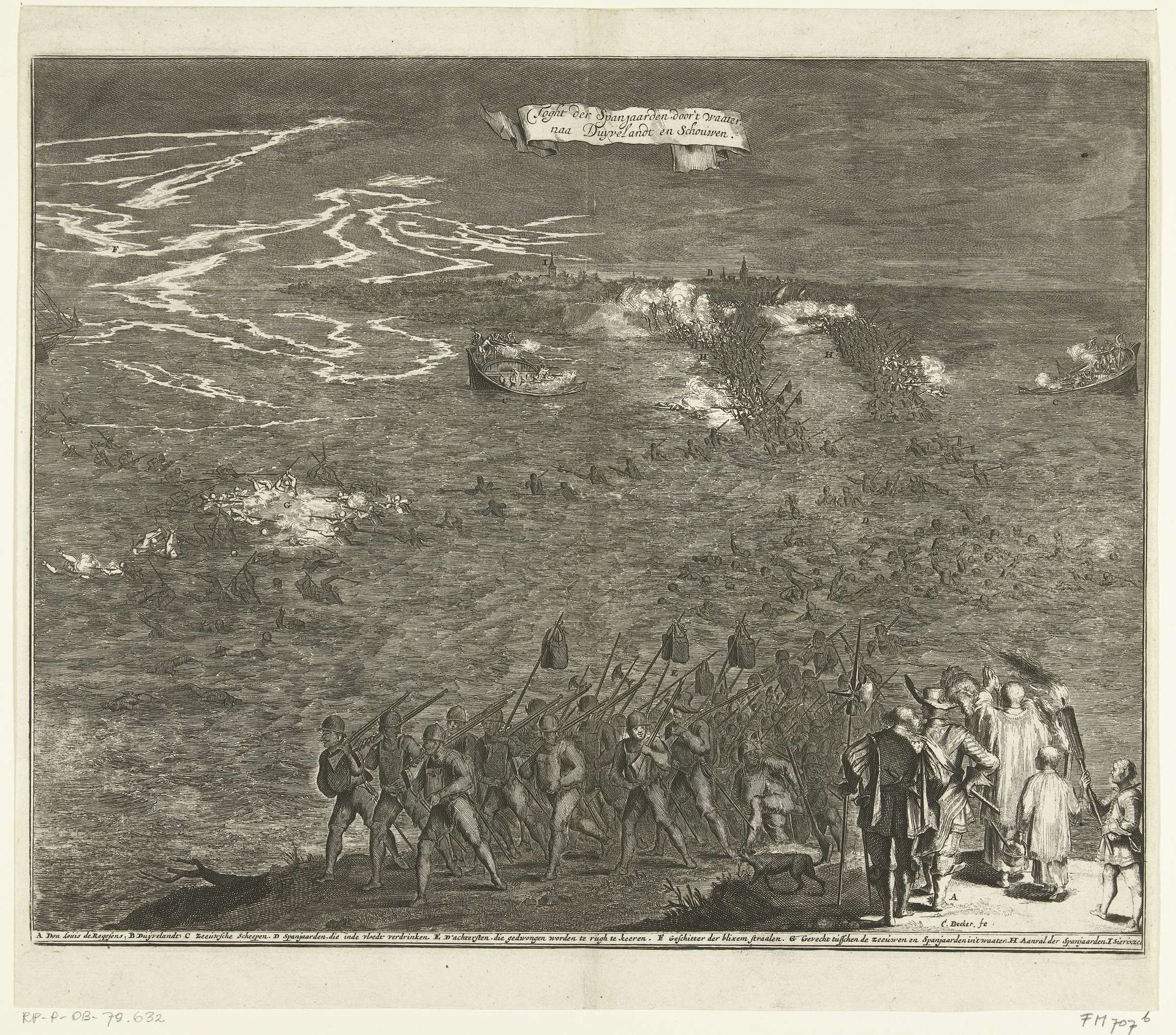 Nachtelijk tocht van Spaanse soldaten door het water naar Duiveland, 1575 by Coenraet Decker