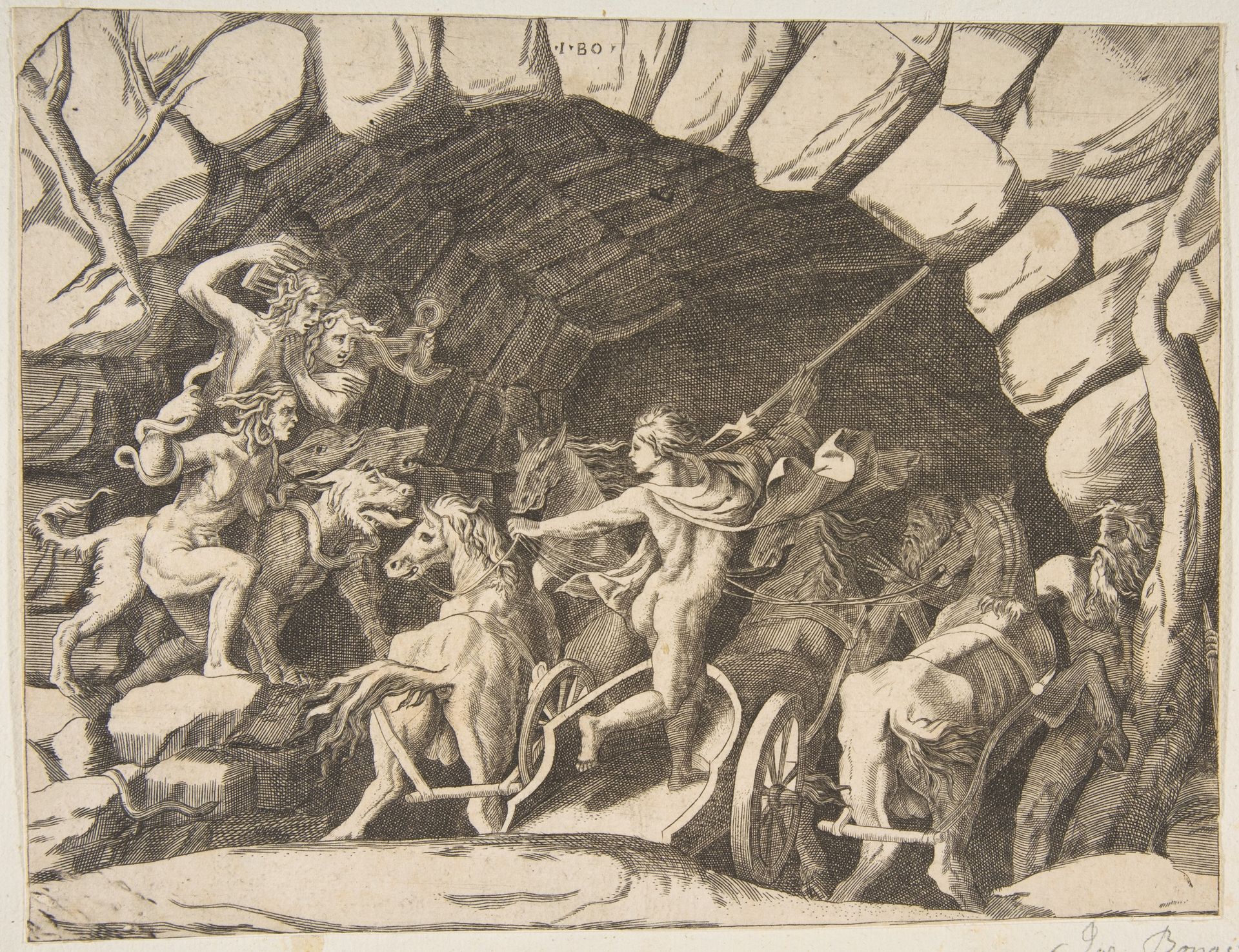 Pluto riding a chariot descending into Hell, from the 'Division of the Universe' by Giulio Bonasone