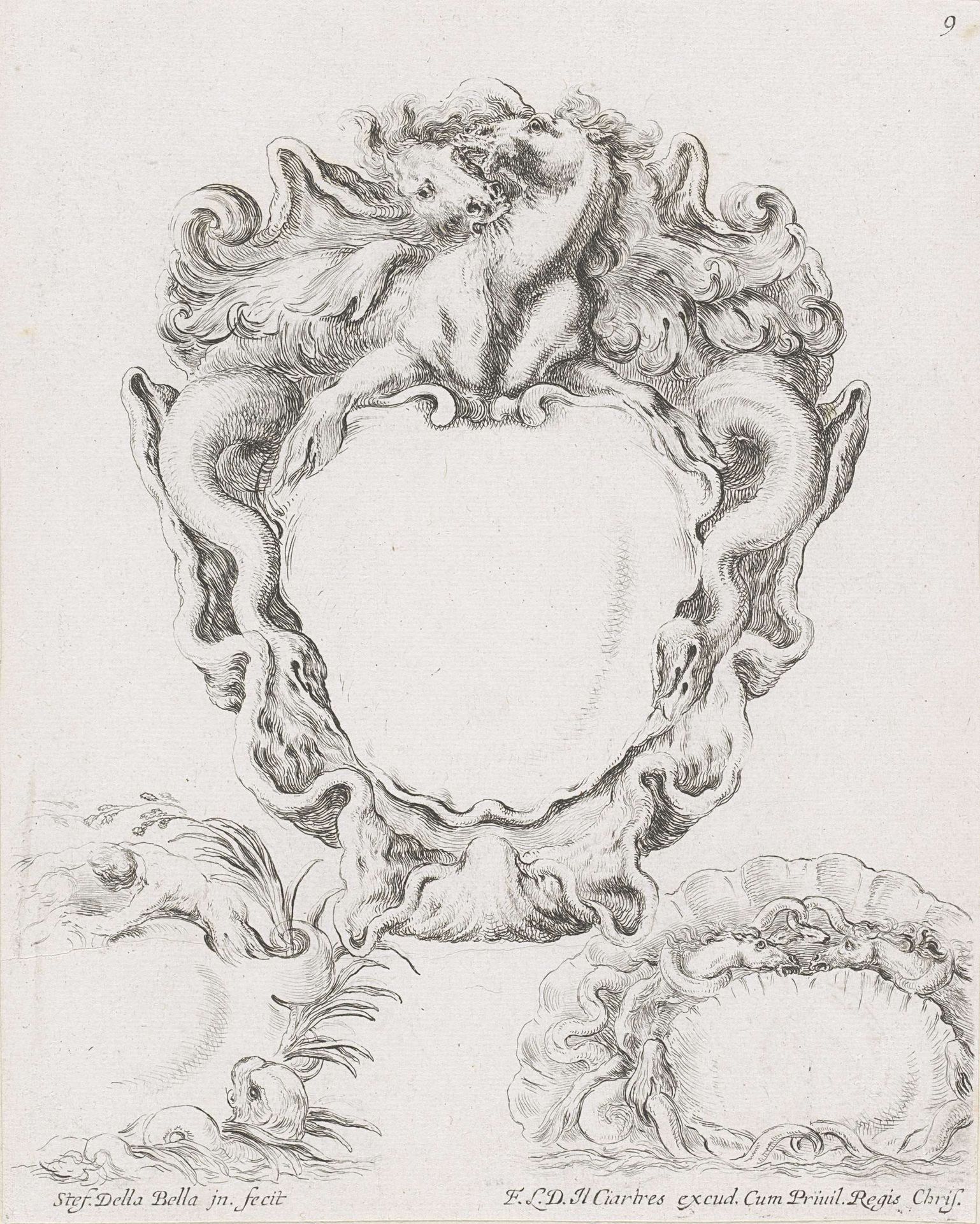 Cartouche met twee zeepaarden die elkaar bijten en twee kleine cartouches met zeewezens by Stefano della Bella