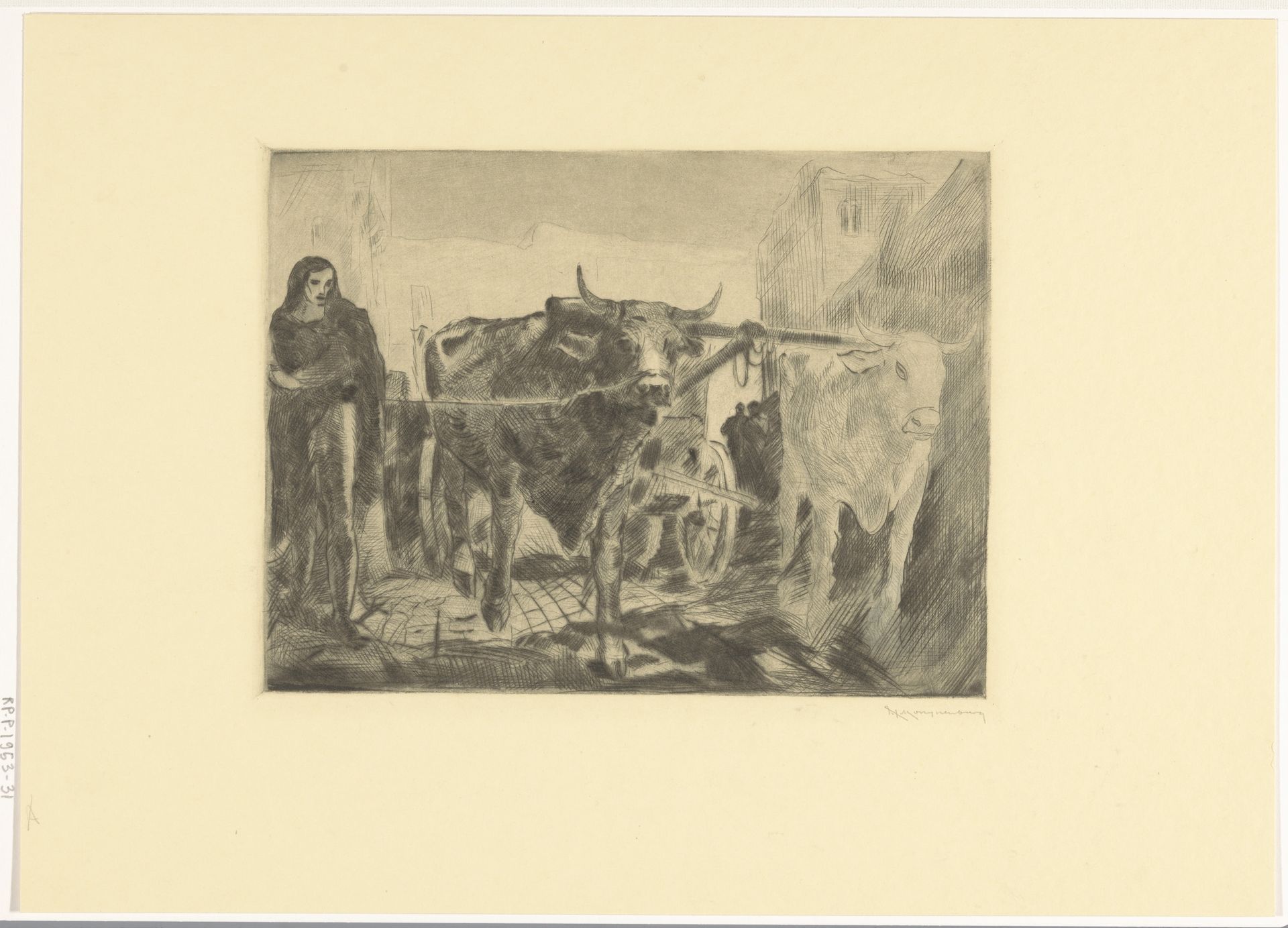 Twee ossen voor een wagen by Willem van Konijnenburg