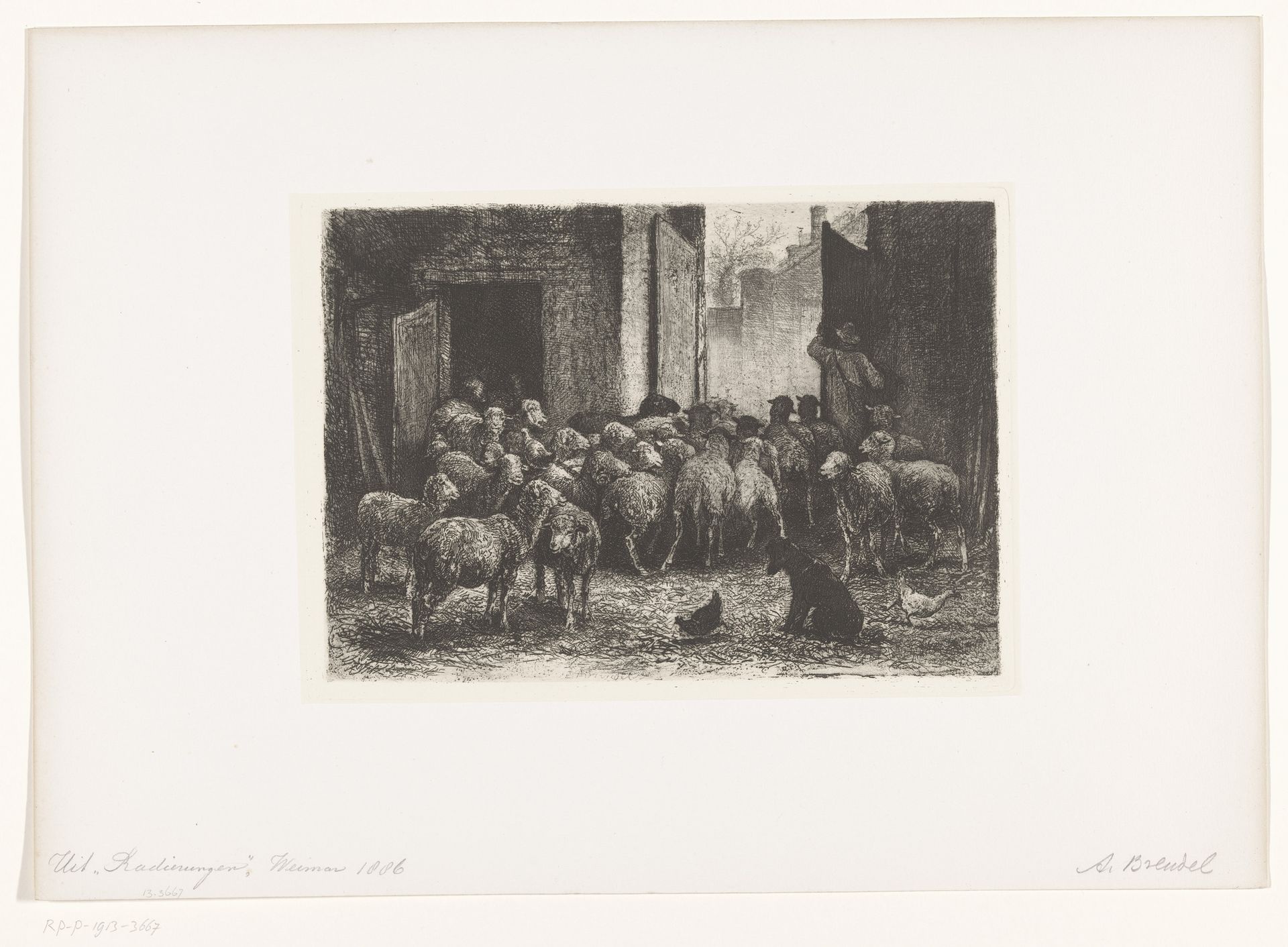 Schapen verlaten de stal by Albert Heinrich Brendel