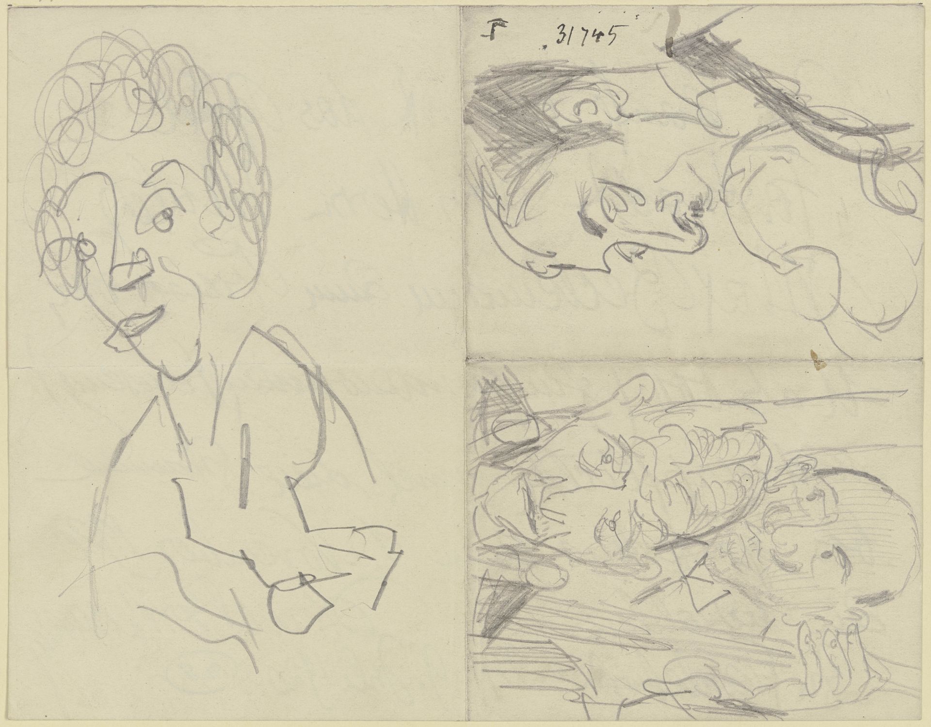 Frauenkopf, ein Geiger, zwei Bassisten (Drei verschiedene Skizzen auf einem durch Faltung in vier Felder unterteilten Papierbogen) by Max Beckmann