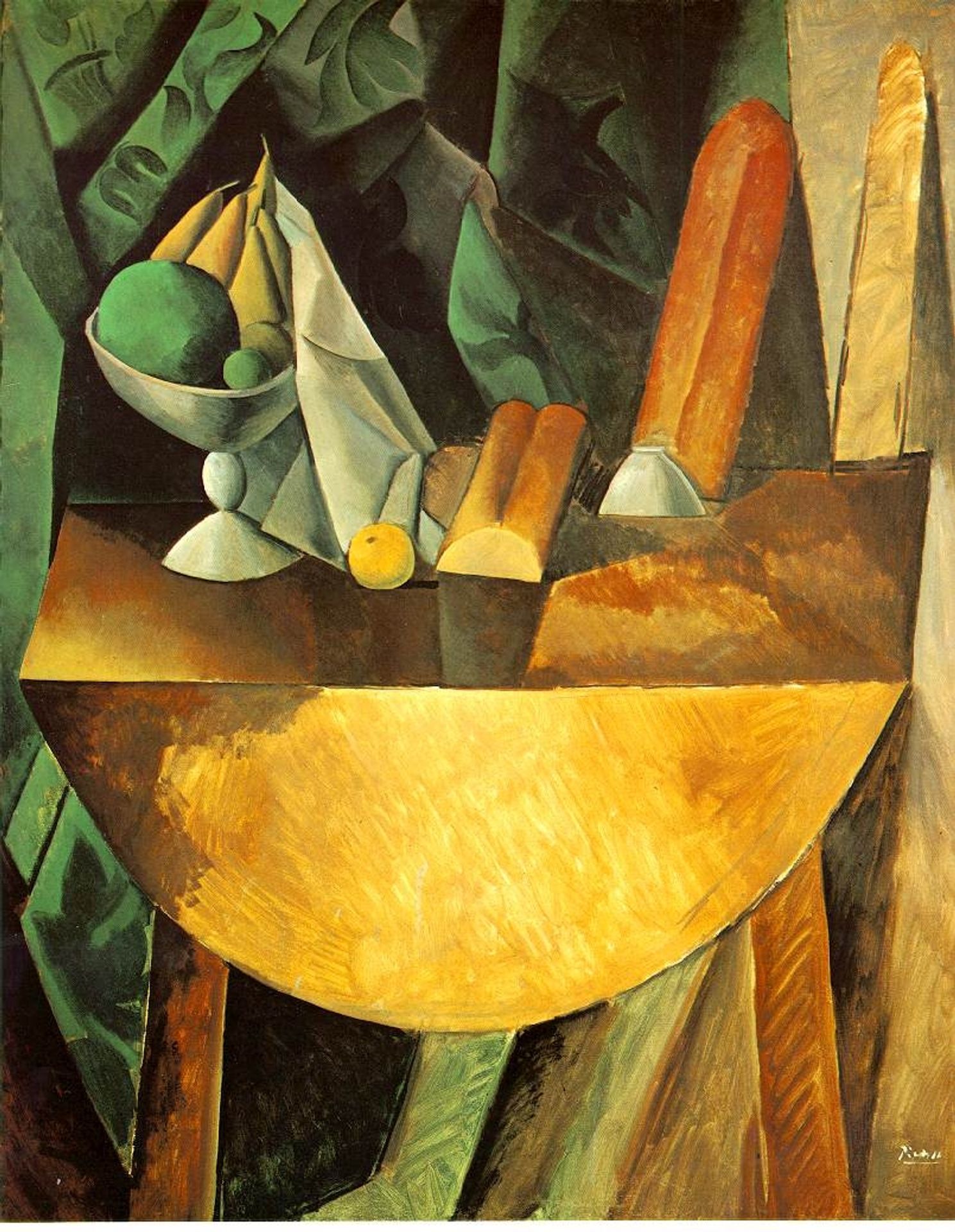 Bread and dish with fruits on the table by Pablo Picasso