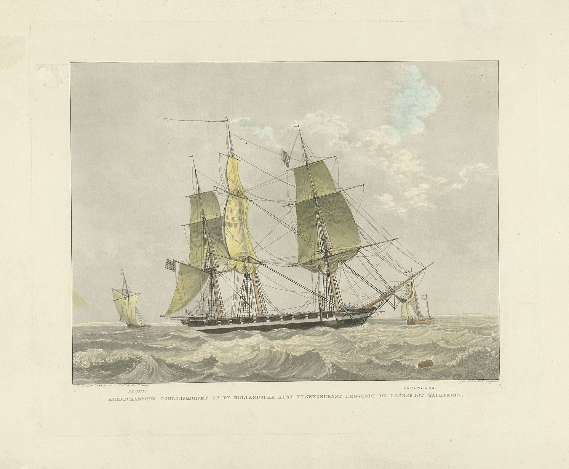 Zeilschip, sloep en loodsboot op het water by Willem Hendrik Hoogkamer