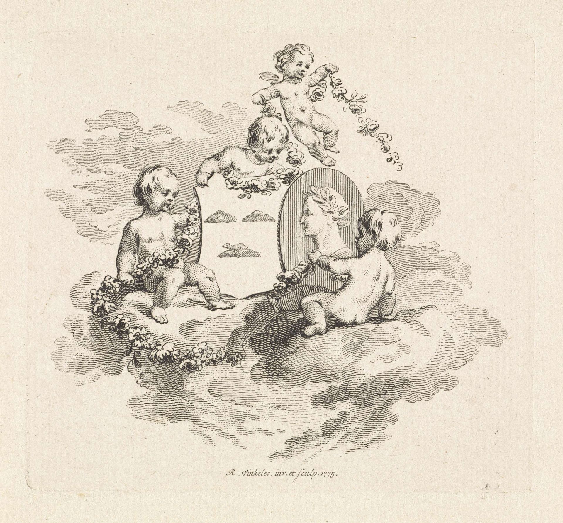 Vier putti met de familiewapens van Graafland en Hooft by Reinier Vinkeles