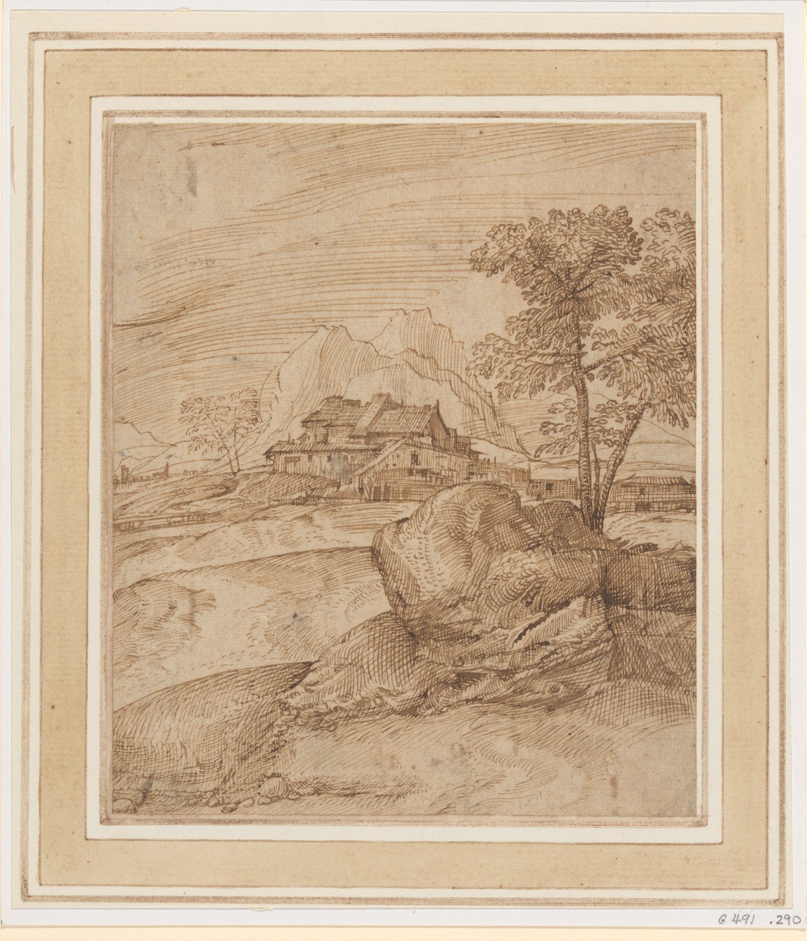 Mountainous Landscape with a Rock, Trees, and Buildings by Domenico Campagnola
