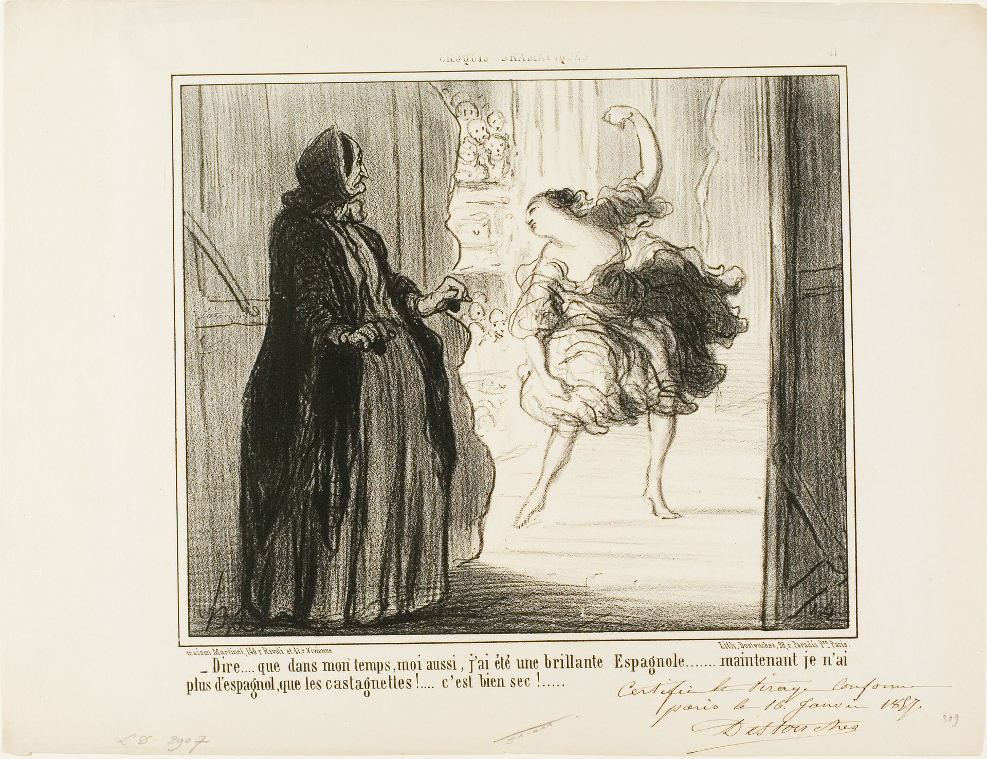 “- Difficult to imagine that in my days I also was an acclaimed Spanish dancer... nowadays only my castanets are Spanish... what a drag...,” plate 11 from Croquis Dramatiques by Honoré Daumier