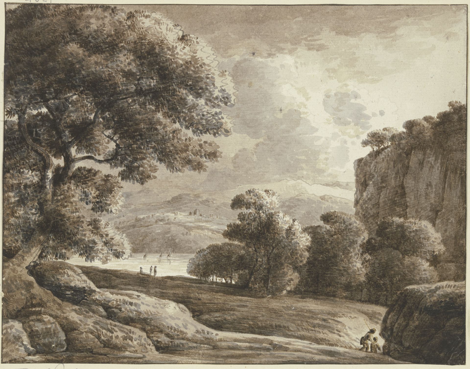 Flußlandschaft, rechts steiler Felsen by Franz Kobell