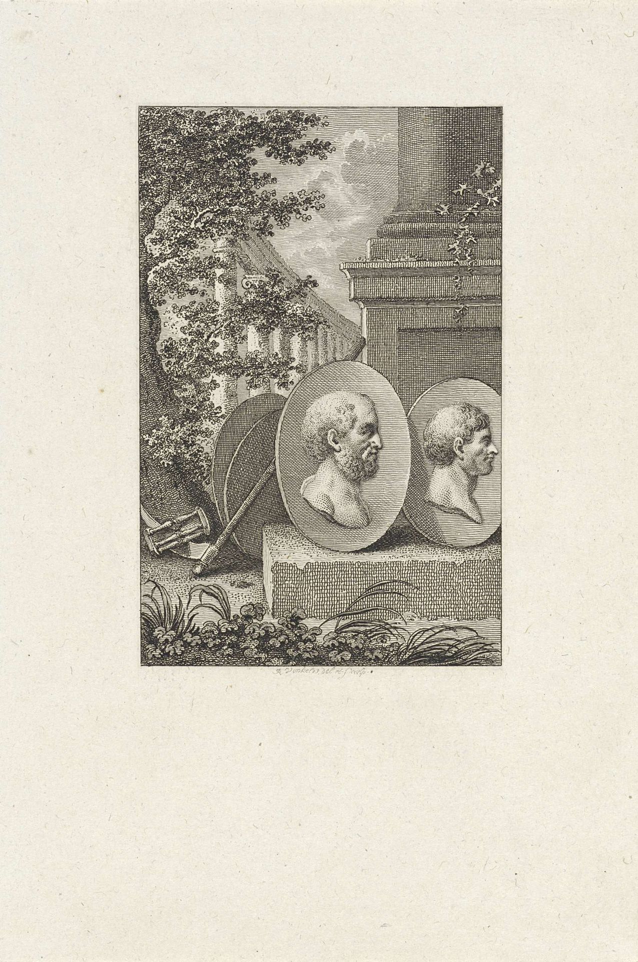 Medaillons met portretten van Aratos van Sikyon en Marcus Brutus by Reinier Vinkeles