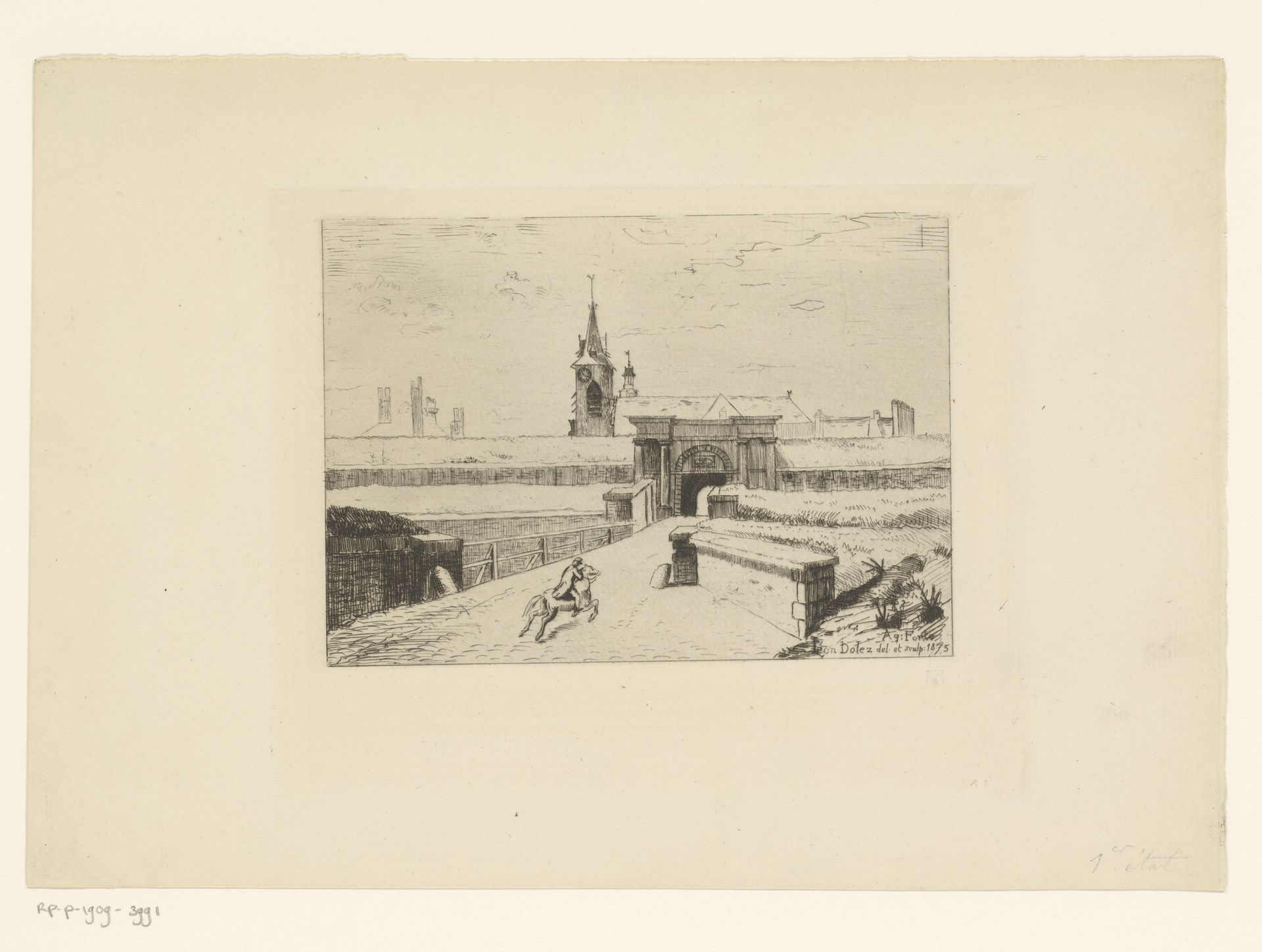 Ruiter te paard gaat richting de Porte d'Havré te Mons by Léon Dolez