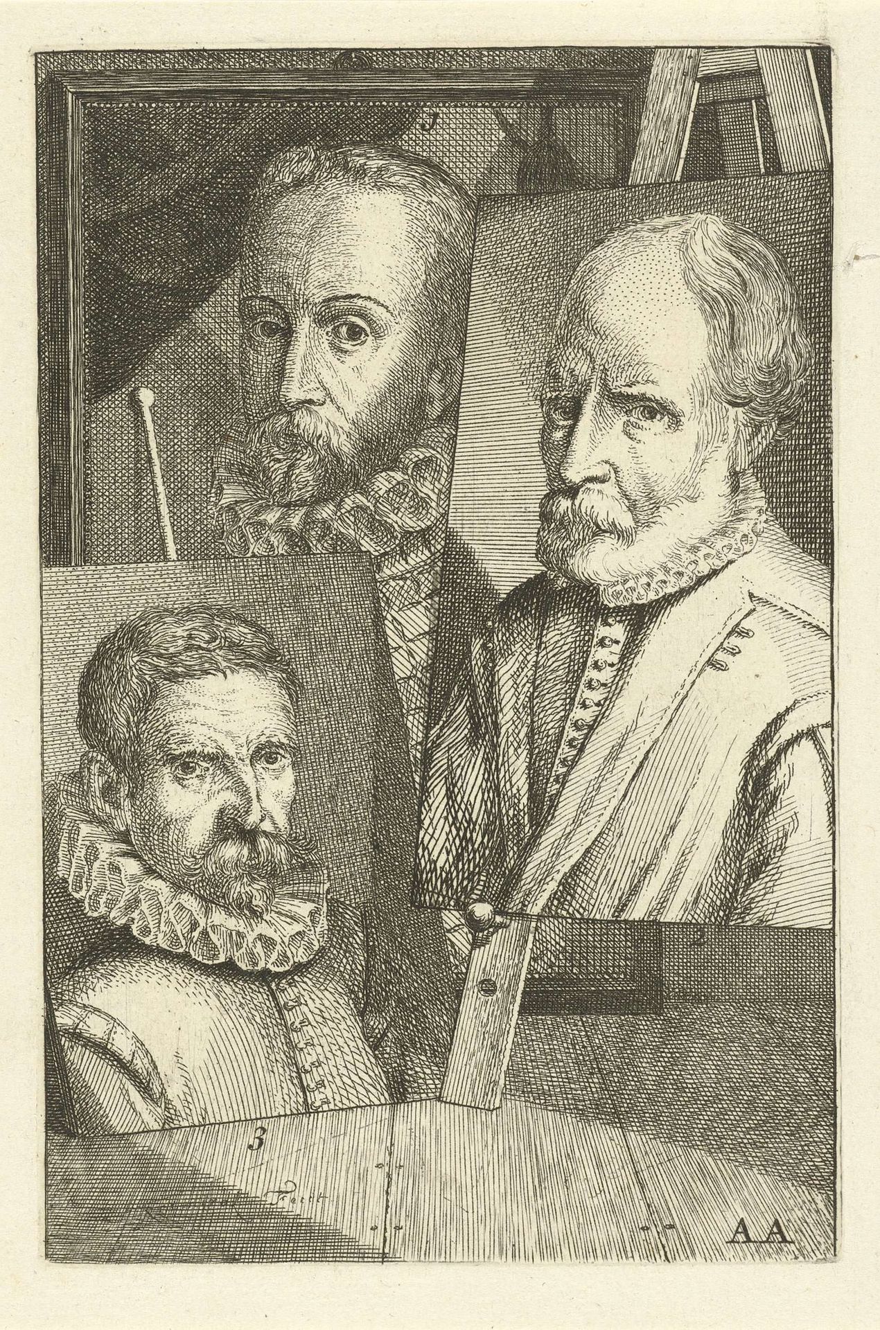 Portretten van Frans Pourbus, Pieter Pieterszen en Arnold Mytens by Jan l' Admiral