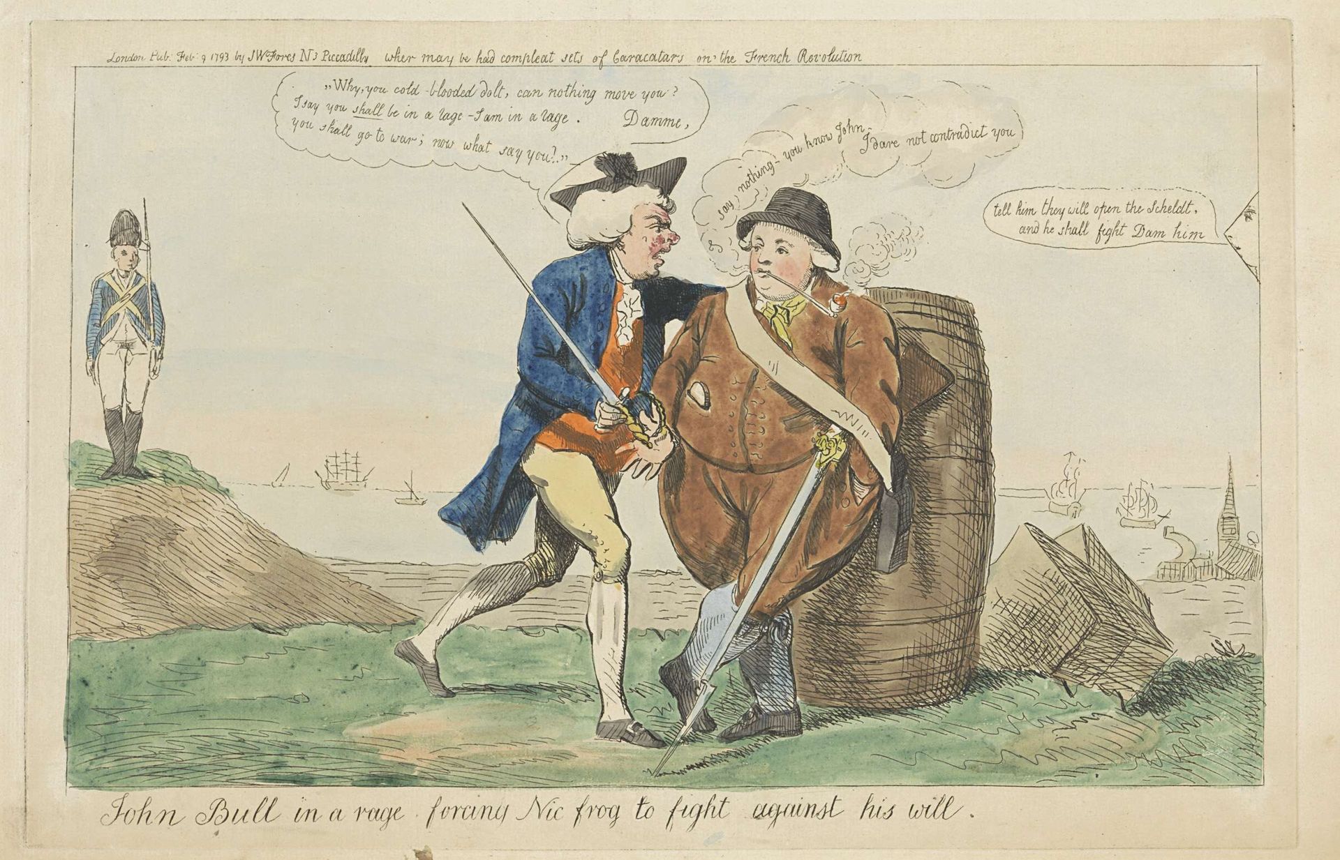 John Bull boos op de terughoudendheid van de Hollander om te vechten, 1793 by Isaac Cruikshank