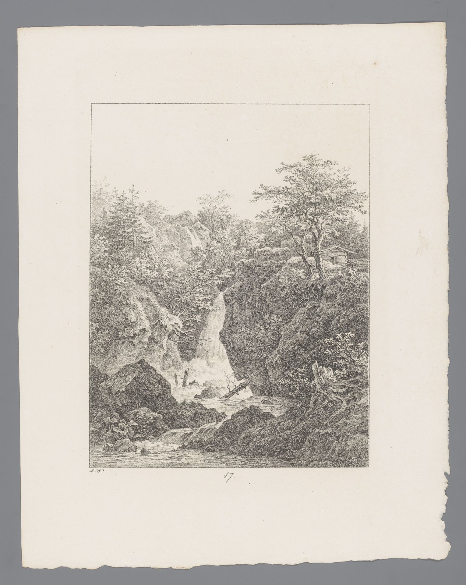 Gezicht op een waterval in rotachtig landschap by Max Josef Wagenbauer