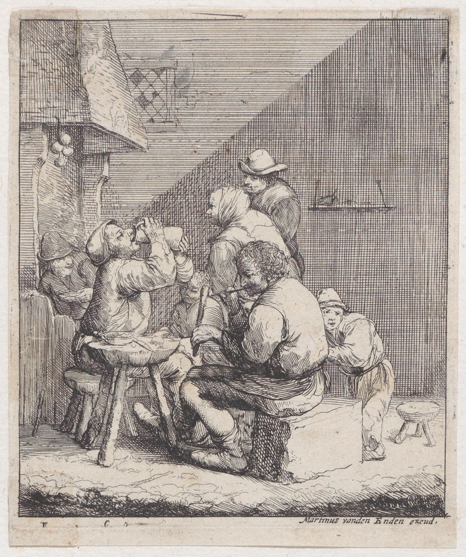 Seven peasants in a rustic interior with a man lighting a pipe by Jacques Dassonville