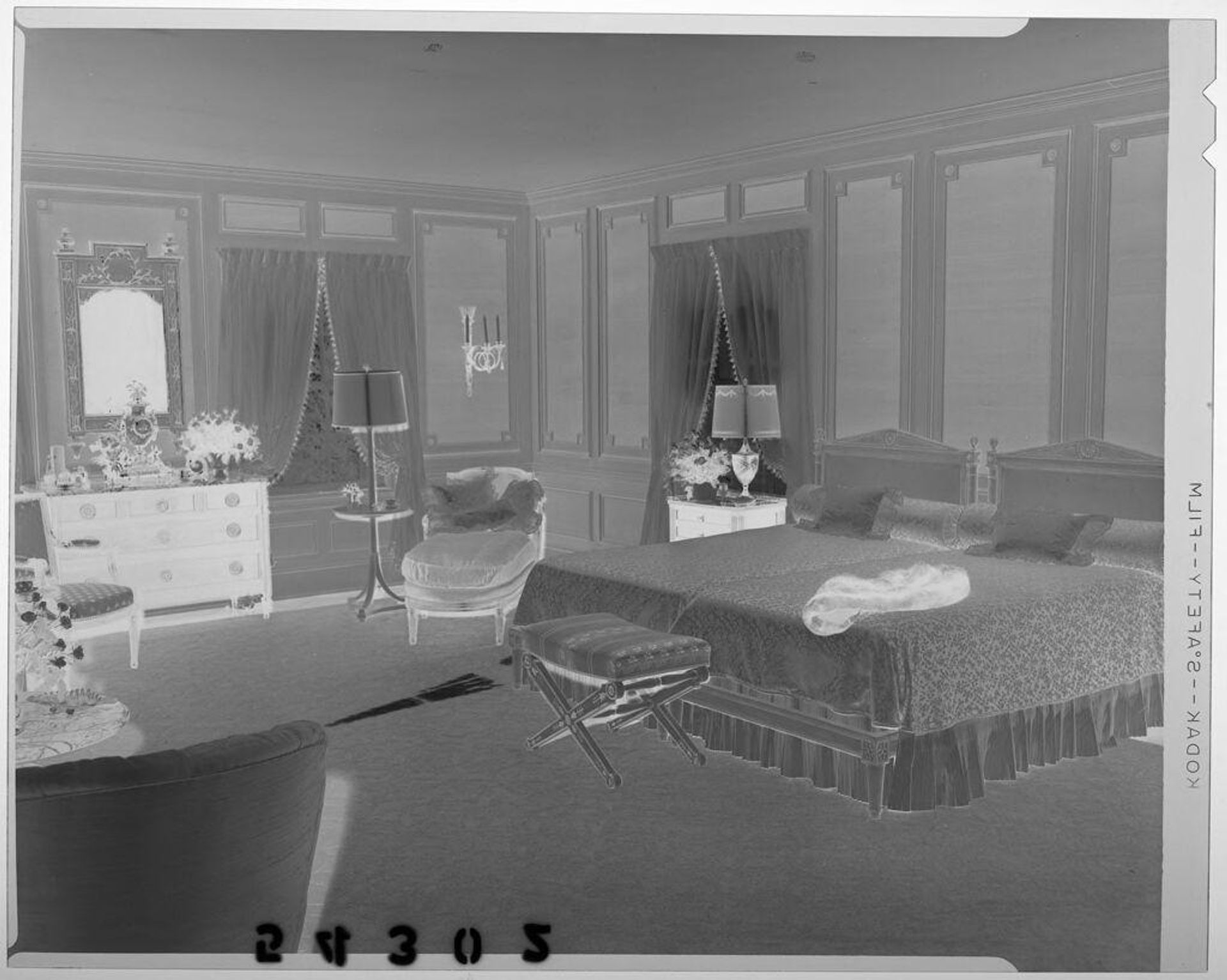 Untitled (interior of bedroom with twin beds side-by-side and curtained windows) by Martin Schweig