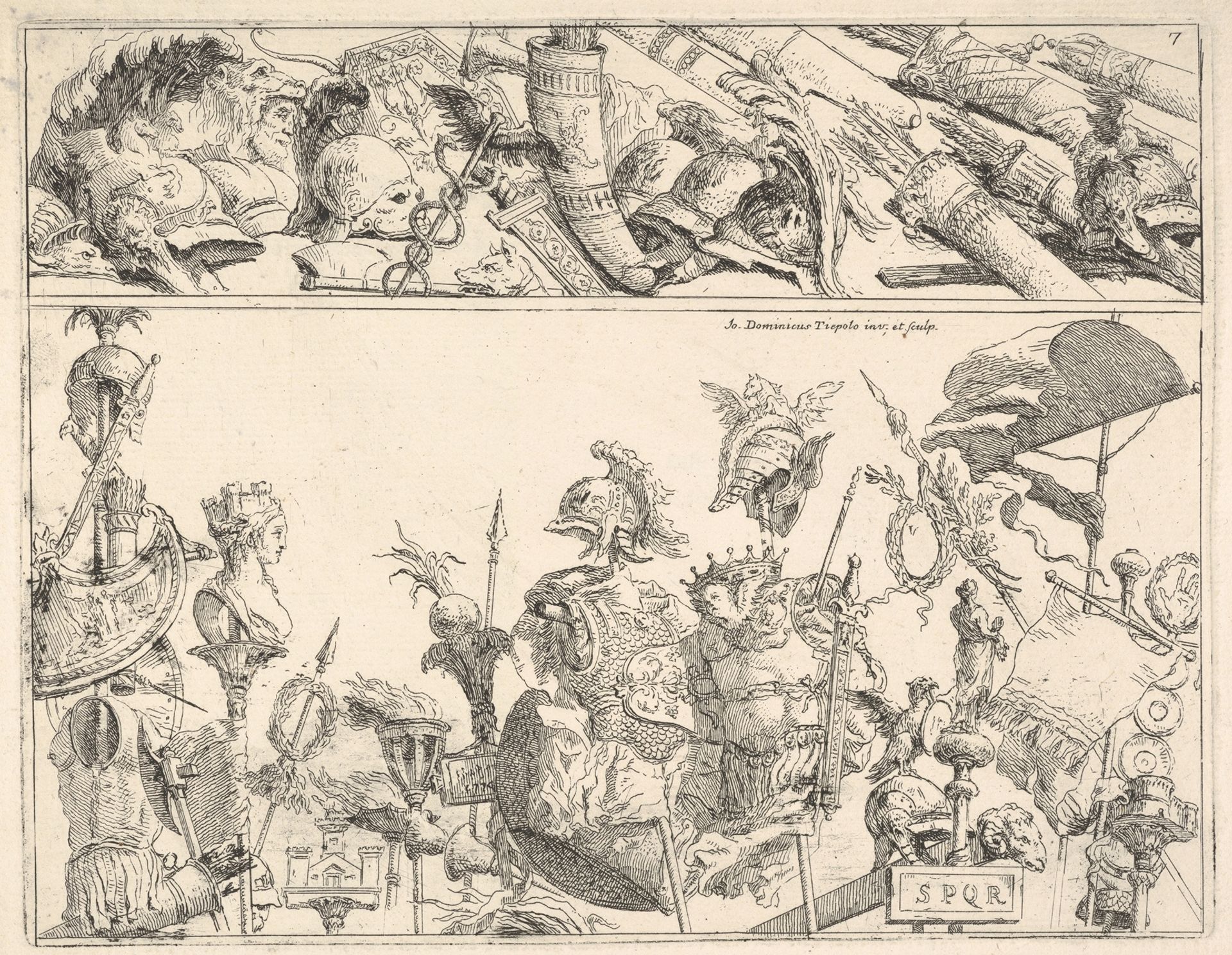 Roman arms, standards, and trophies, a composition divided into two horizontal bands by Giovanni Domenico Tiepolo