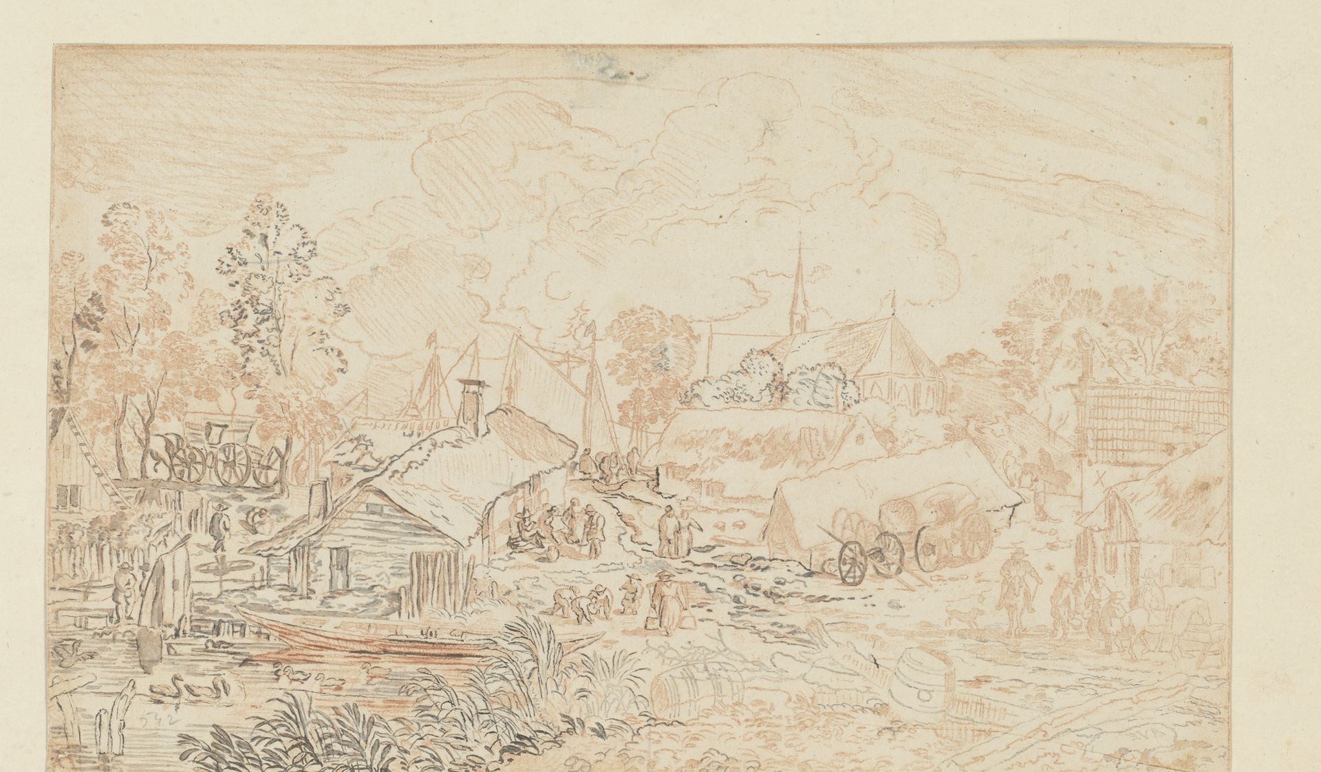 Dorpsgezicht met vijver by Cornelis Brouwer
