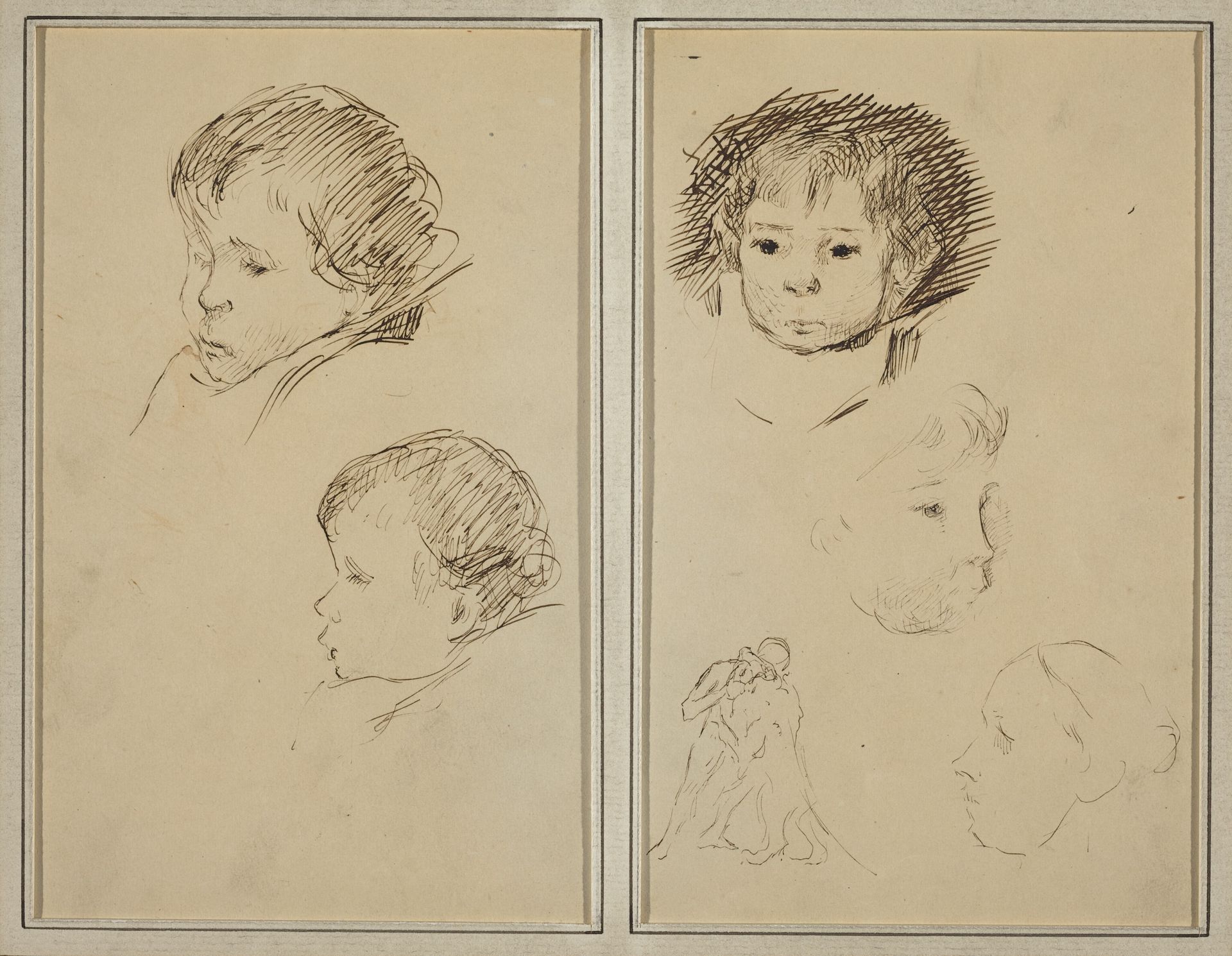 Two Studies of a Child's Head; Two Studies of a Child's Head, a Woman in Profile, and a Man Wrestling an Animal [recto] by Paul Gauguin