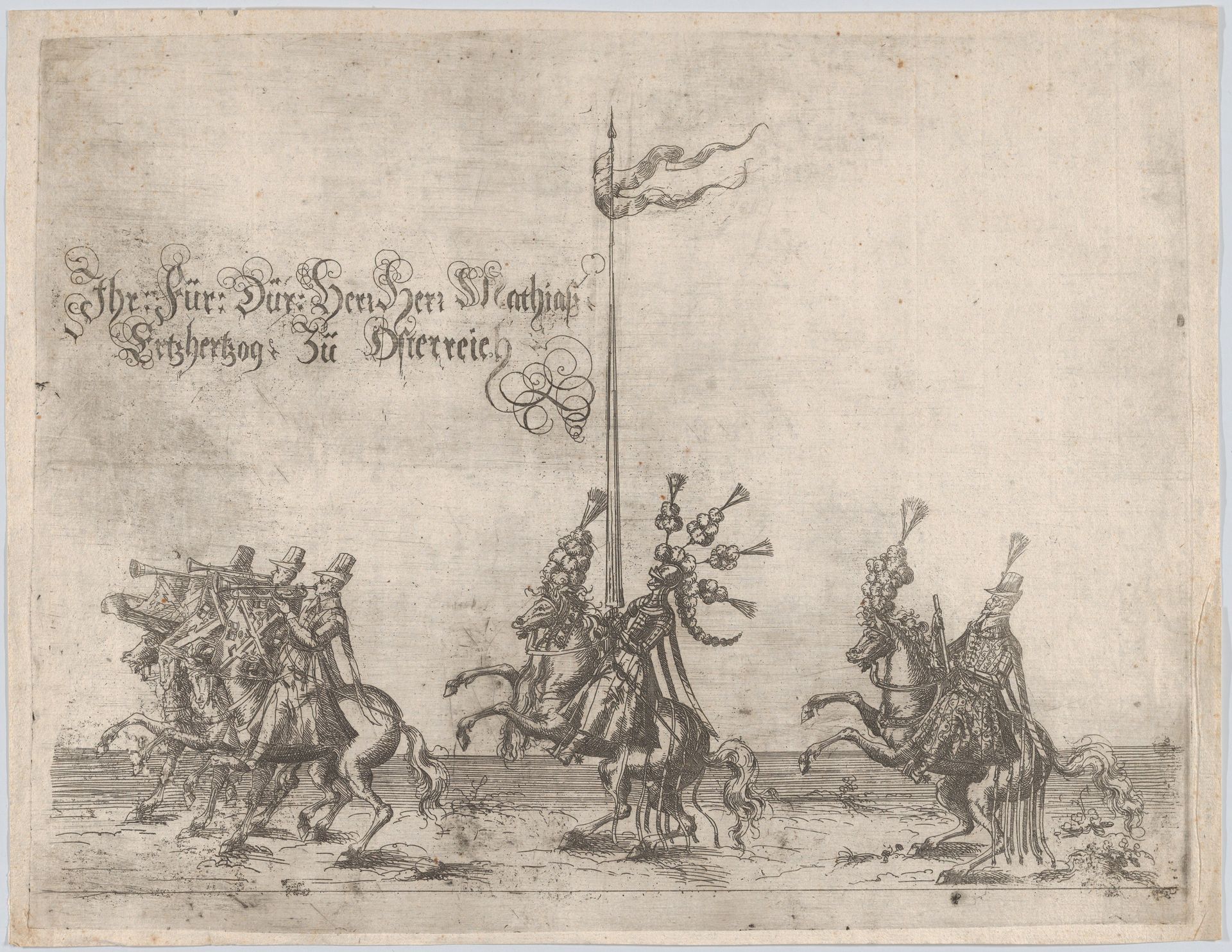 Procession, with men riding horses; three men playing trumpets at front, a knight at center, and a gentleman at the rear by Anonymous