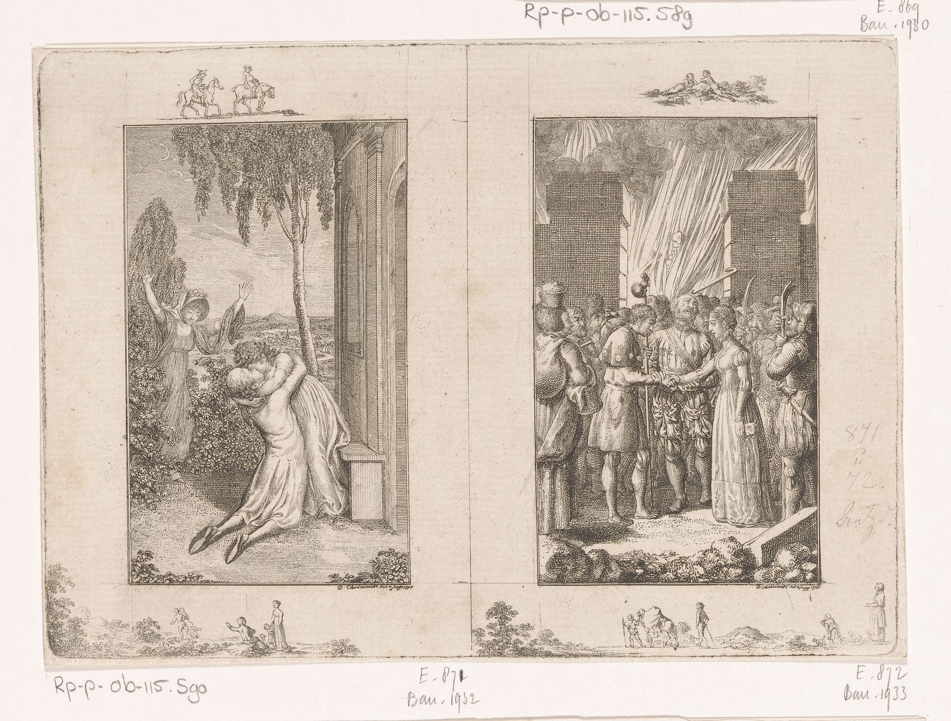 Twee voorstellingen uit de verhalen van Wilhelm Gottlieb Becker by Daniel Nikolaus Chodowiecki