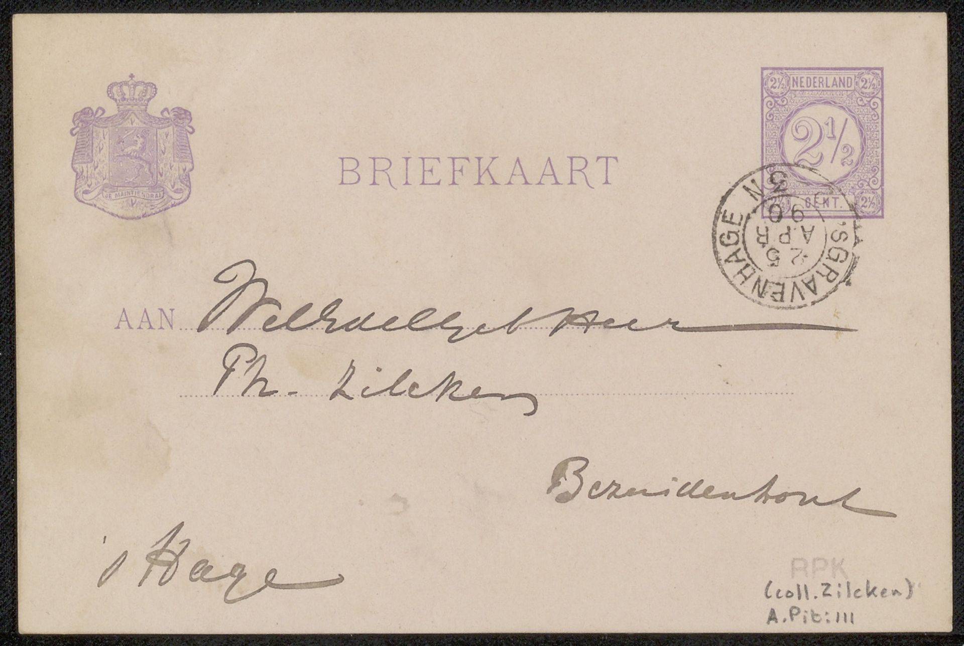 Briefkaart aan Philip Zilcken by Adriaan Pit