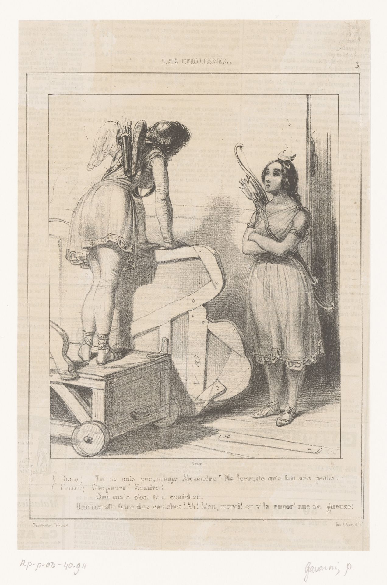 Twee actrices spreken elkaar in de coulissen by Paul Gavarni