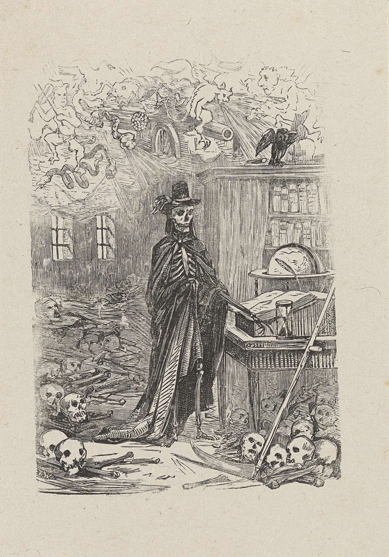 Dood met een cape, een zeis en een zandloper te midden van menselijke botten by Isaac Weissenbruch
