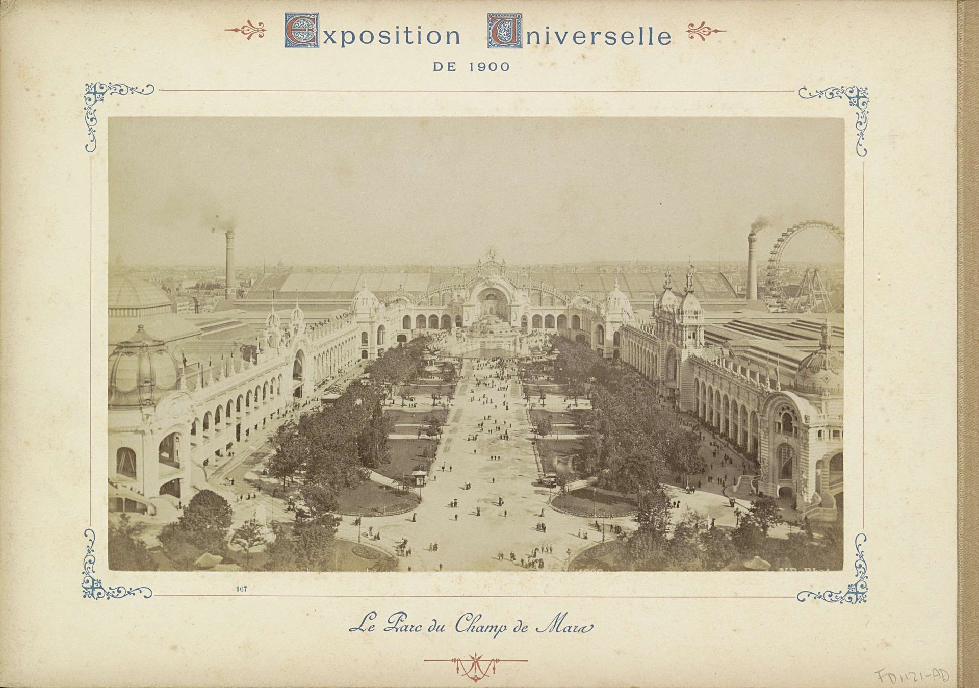 Gezicht op het Parc du Champ de Mars met op de achtergrond het Château d'eau, het Palais de l'Electricité, rokende schoorstenen en een reuzenrad by Neurdein Frères
