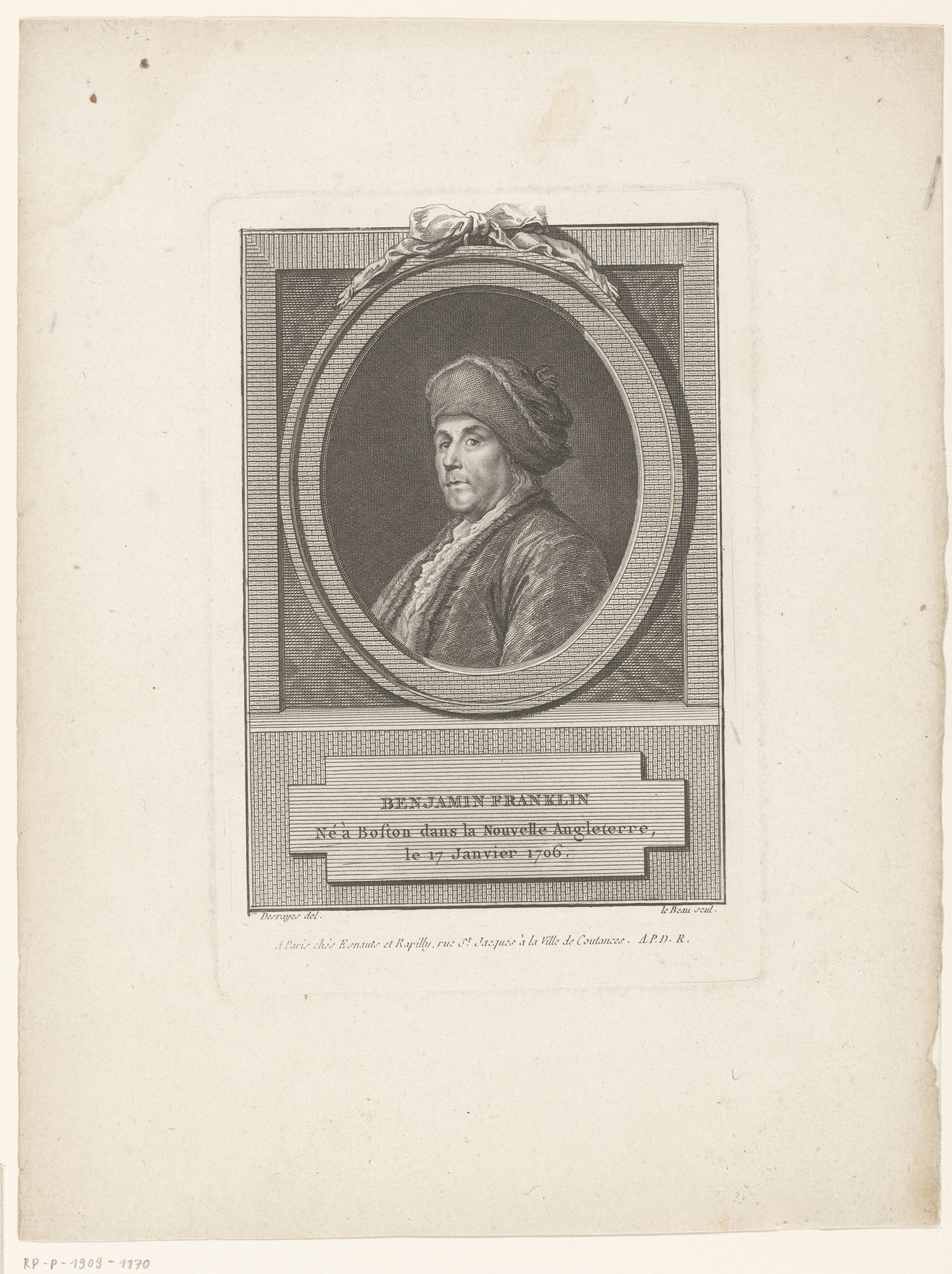 Portret van Benjamin Franklin by Pierre Adrien Le Beau