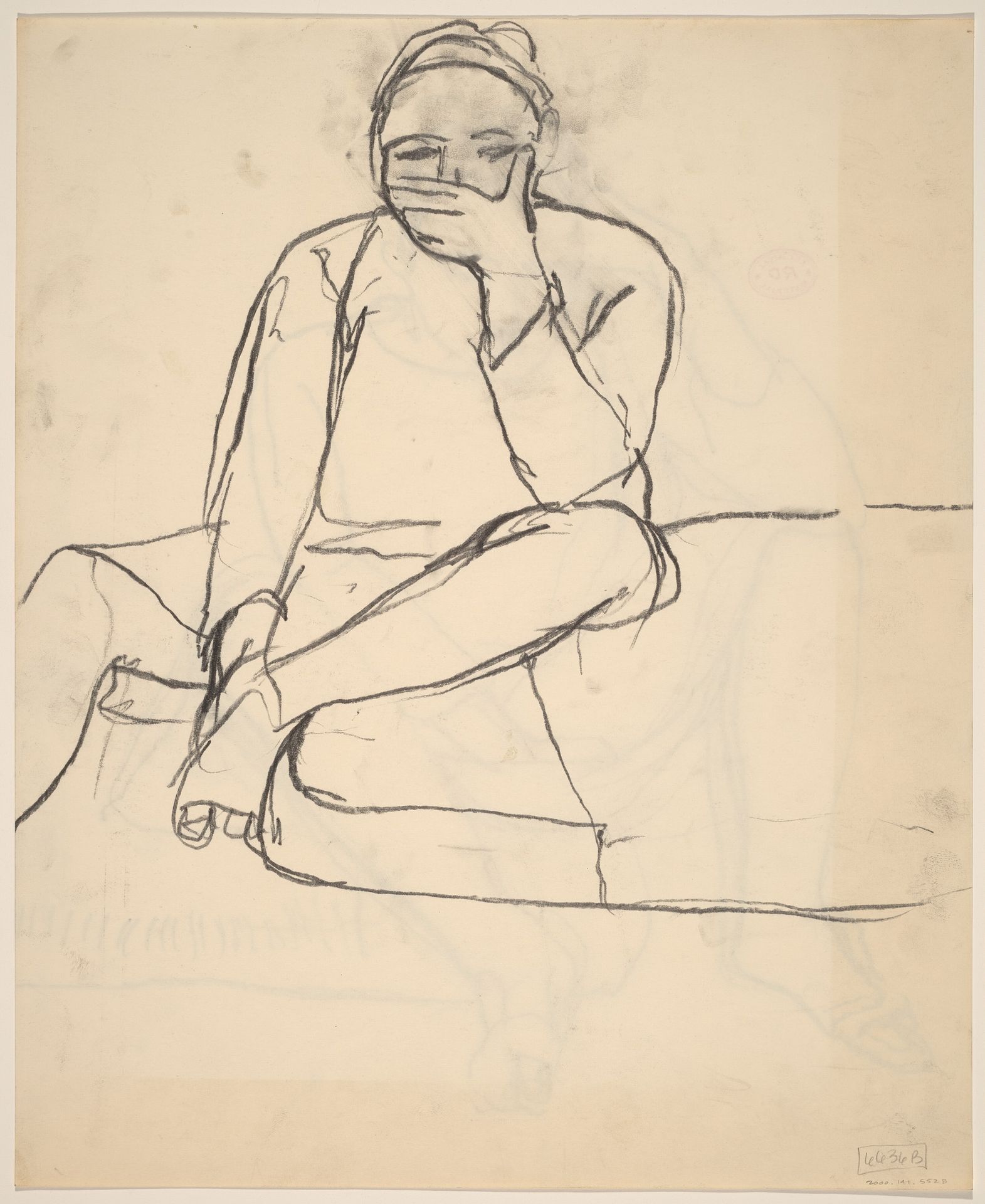 Untitled [woman seated at the edge of a cushion with hand covering her mouth] by Richard Diebenkorn