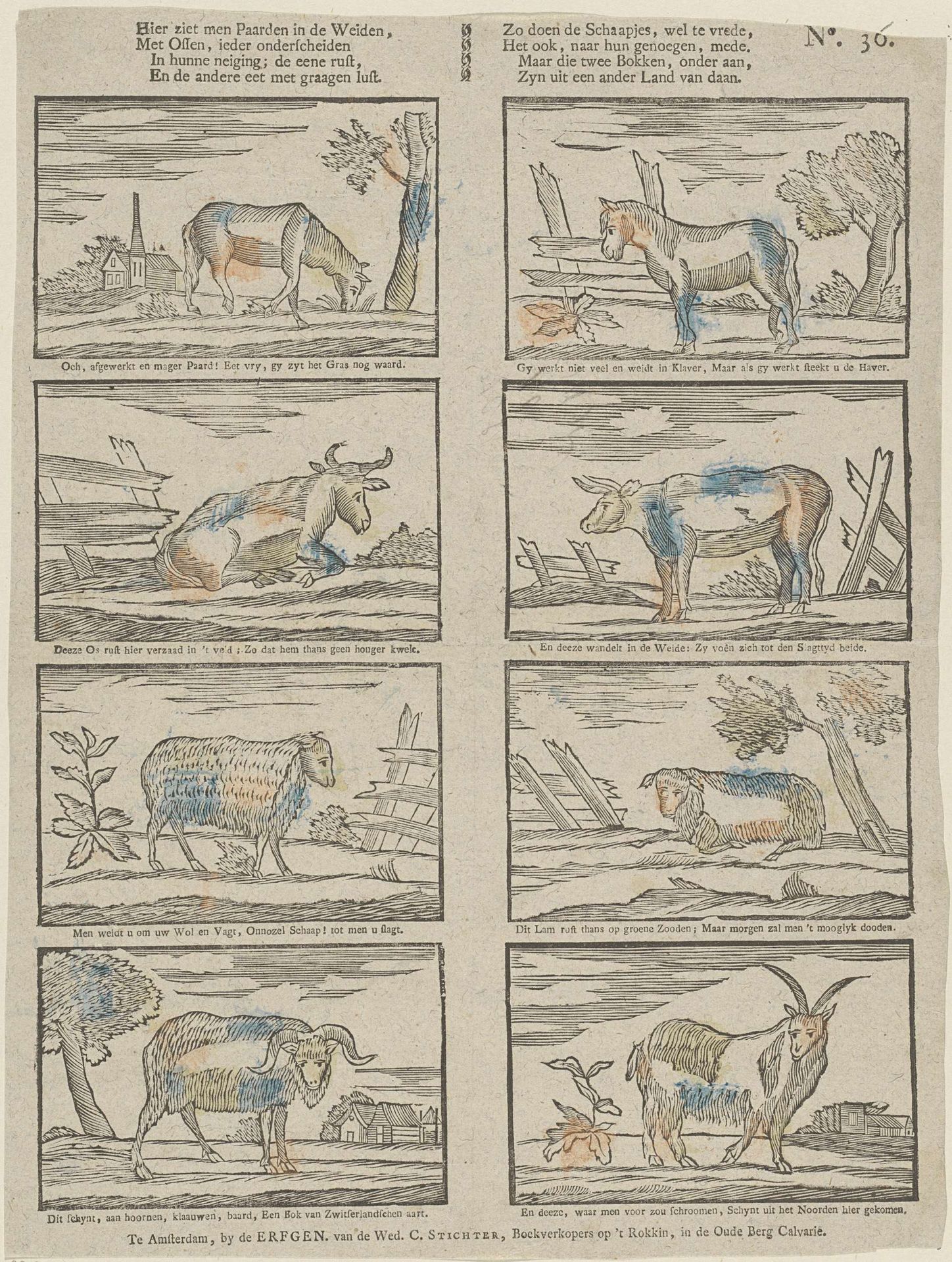 Hier ziet men paarden in de weiden, / Met ossen, ieder onderscheiden [(...)] by erven weduwe Cornelis Stichter